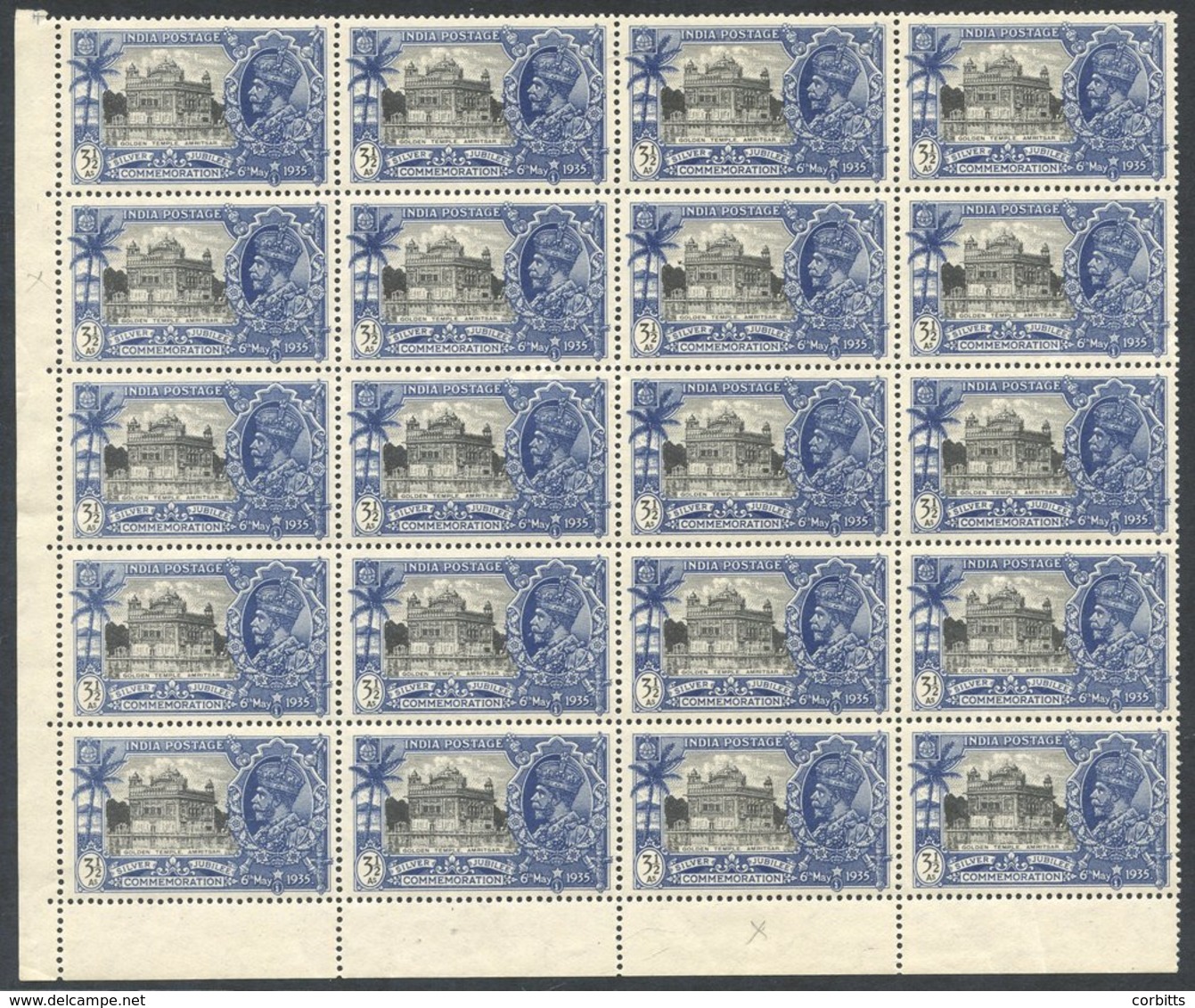 1935 Silver Jubilee 3½a LR Corner Marginal Block Of 20 UM, Minor Gum Bends, Incl. Variety 'Bird' Flaw, SG.245/245a. Cat. - Autres & Non Classés