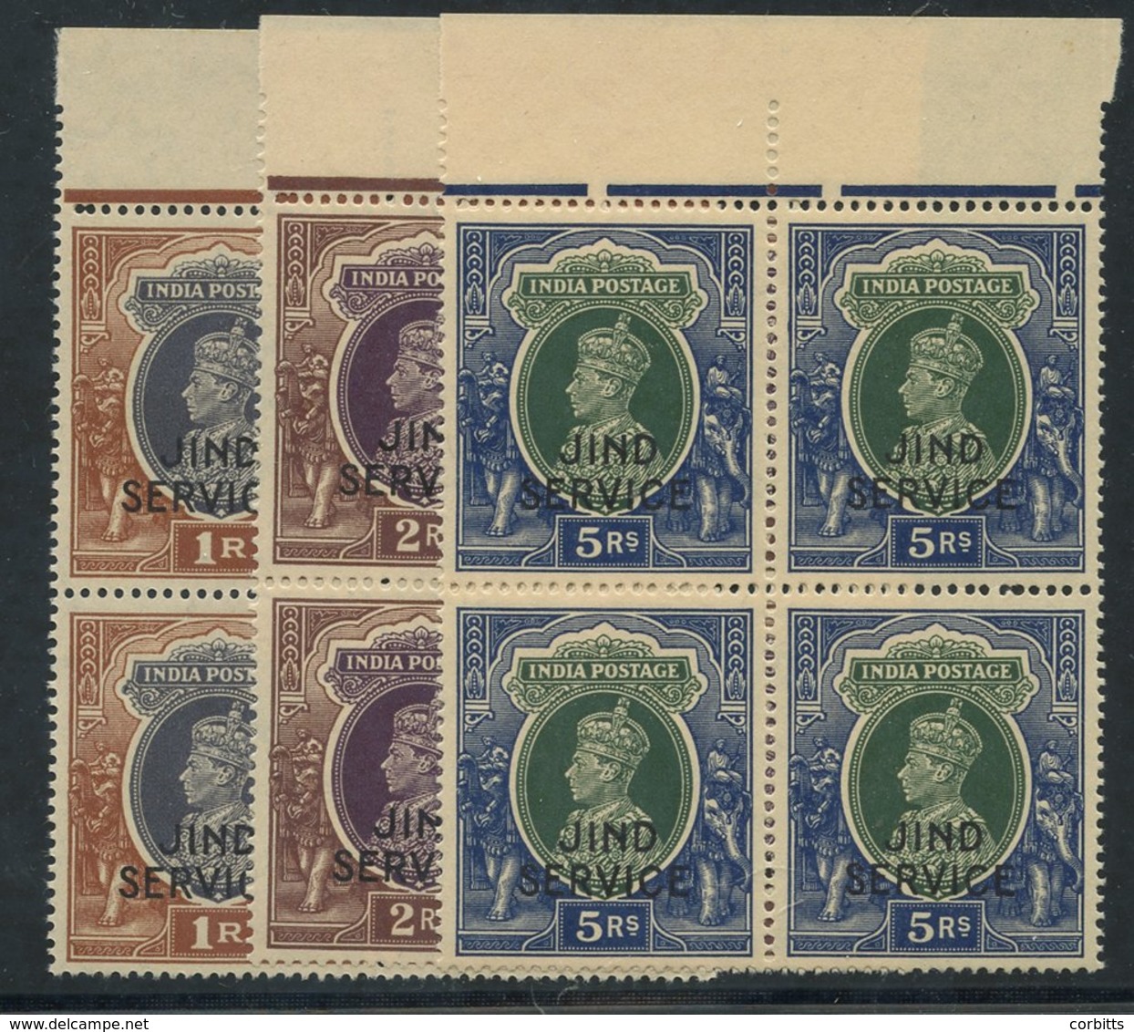 JIND Officials 1939-43 1r, 2r & 5r Each UM Top Marginal Block Of Four, Usual Gum Toning. SG.083/5. Cat. £520. (12) - Sonstige & Ohne Zuordnung