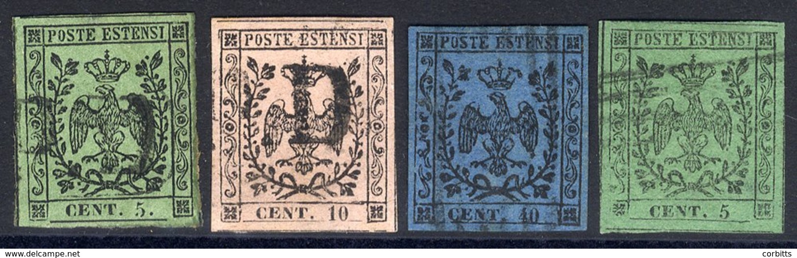 MODENA 1852-57 Arms (no Stop) 5c & 10c, 40c On Deep Blue (with Stop) 5c, All Good To Large Margins, FU. (4) Cat. £480+ - Autres & Non Classés