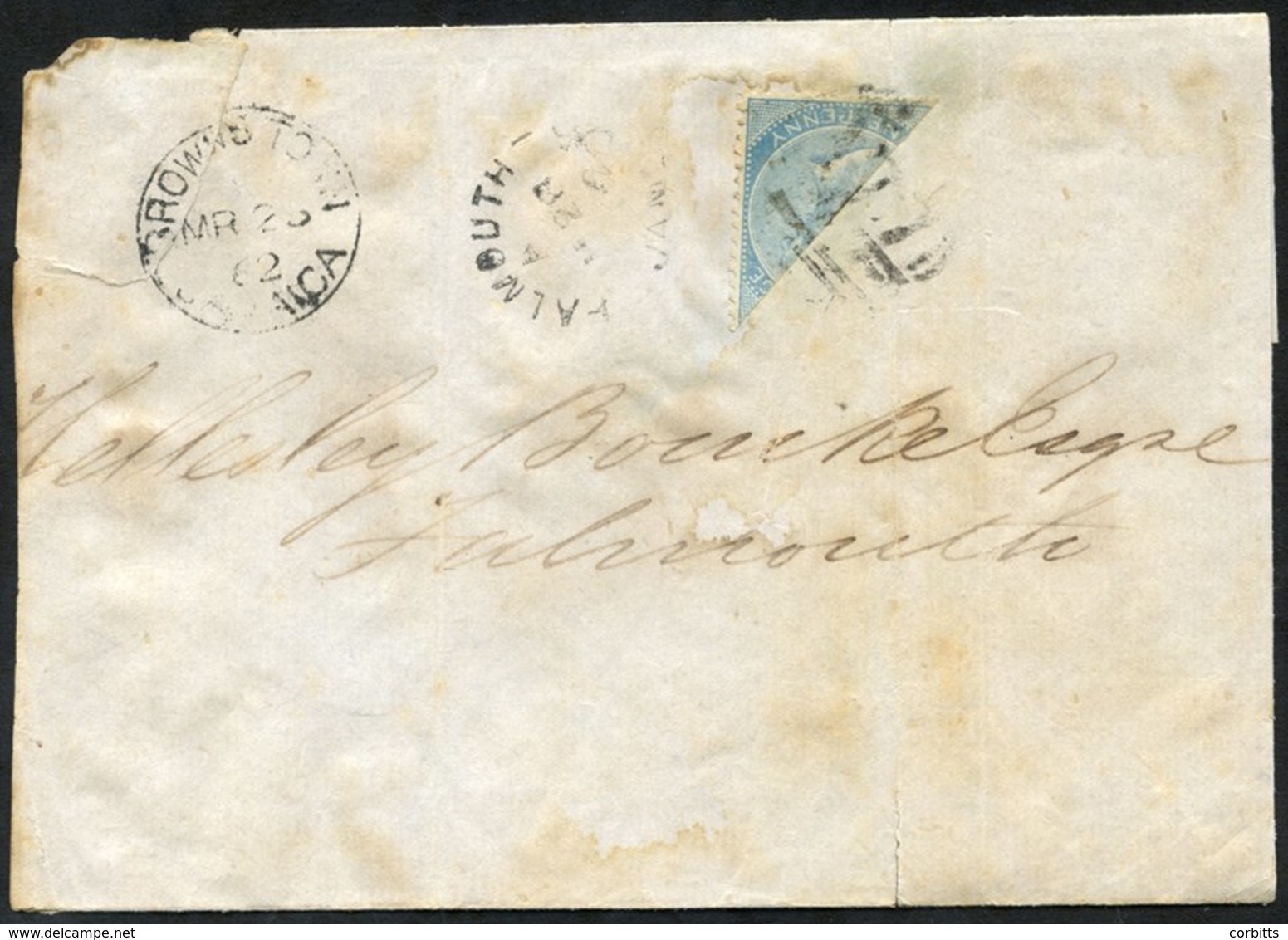 1862 Outer Letter Sheet With A Bisected 1d Cancelled By A Barred 'A77' Cancel Of STEWART TOWN. Browns Town MR.25.62 & Fa - Autres & Non Classés