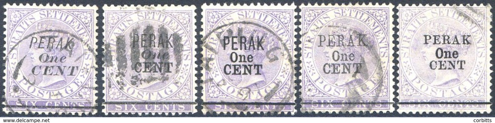 PERAK 1891 Straits Stamps Surcharged With Perak At The Top, 1c On 6c Lilac Set Of Five Different Surch, VFU, SG.43/7. Ca - Autres & Non Classés