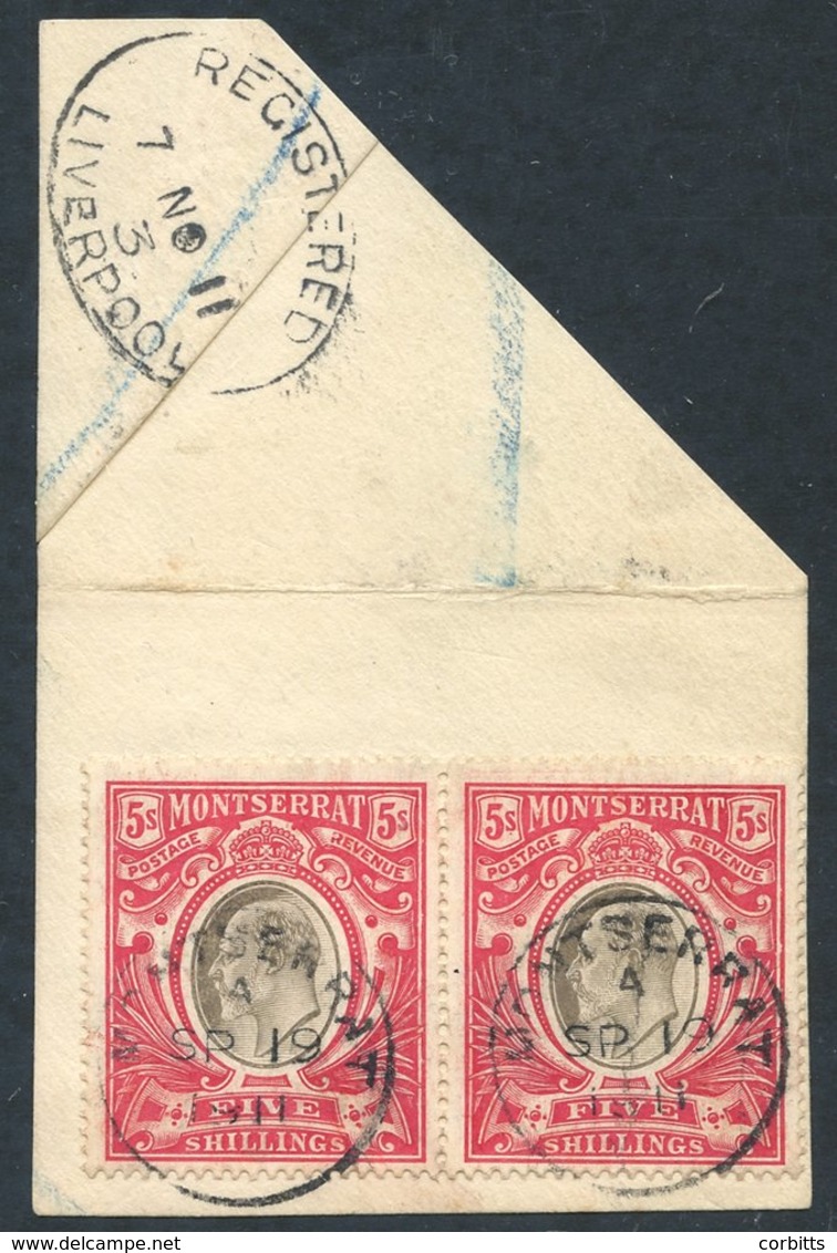 1907 MCCA 5s Black & Red Horizontal Pair Tied To A Piece By Fine Montserrat Sep.19.1911 Cds's, Top Portion Of Piece Also - Autres & Non Classés