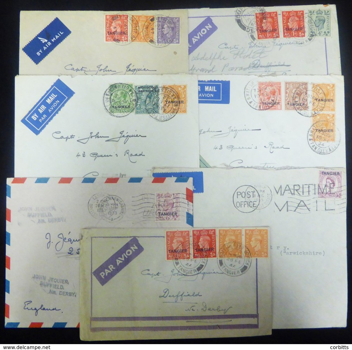 TANGIER 1934-55 Airmail Envelopes (7) To England, An Interesting Study In The Airmail Rates Over A 21 Year Period. - Autres & Non Classés