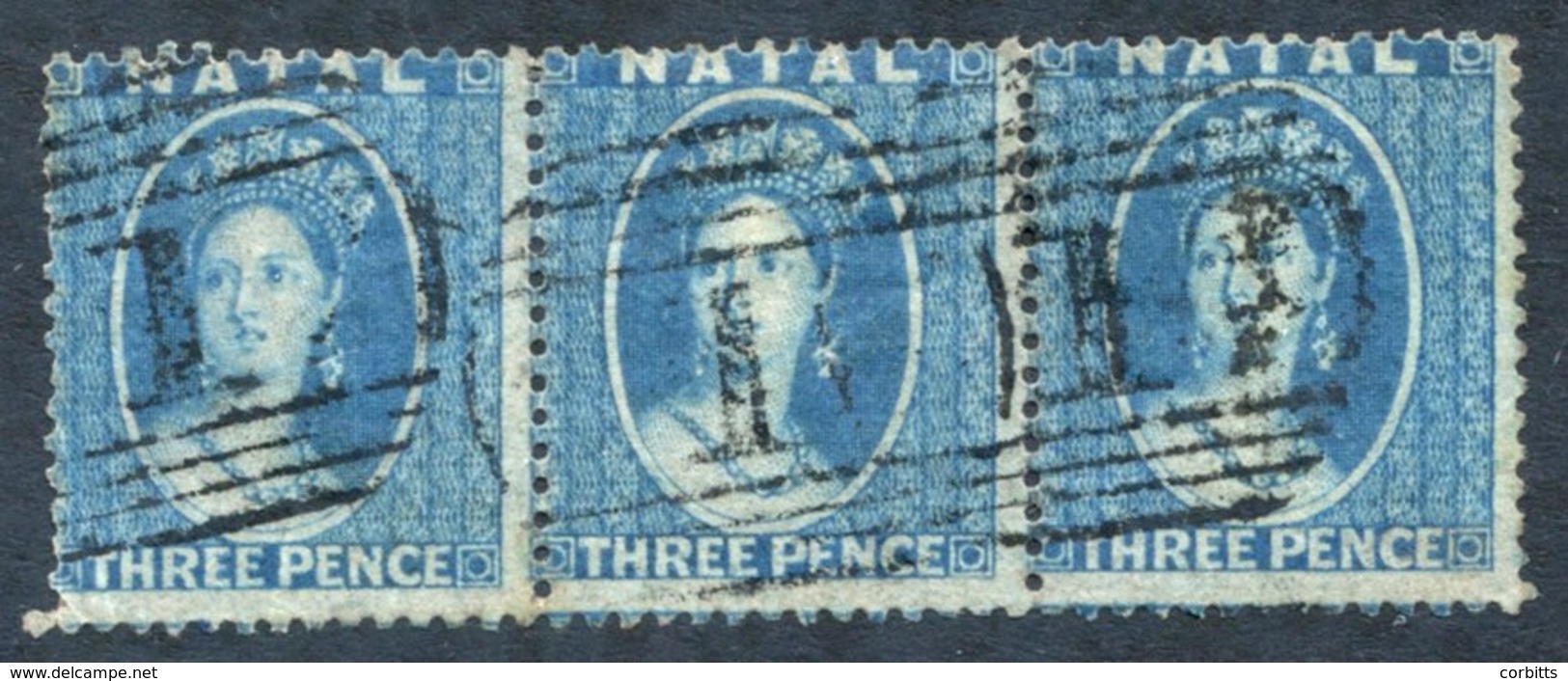 1859 3d Blue, Perf 14 Strip Of Three (first Is Creased), Light Cancels, SG.10. - Other & Unclassified