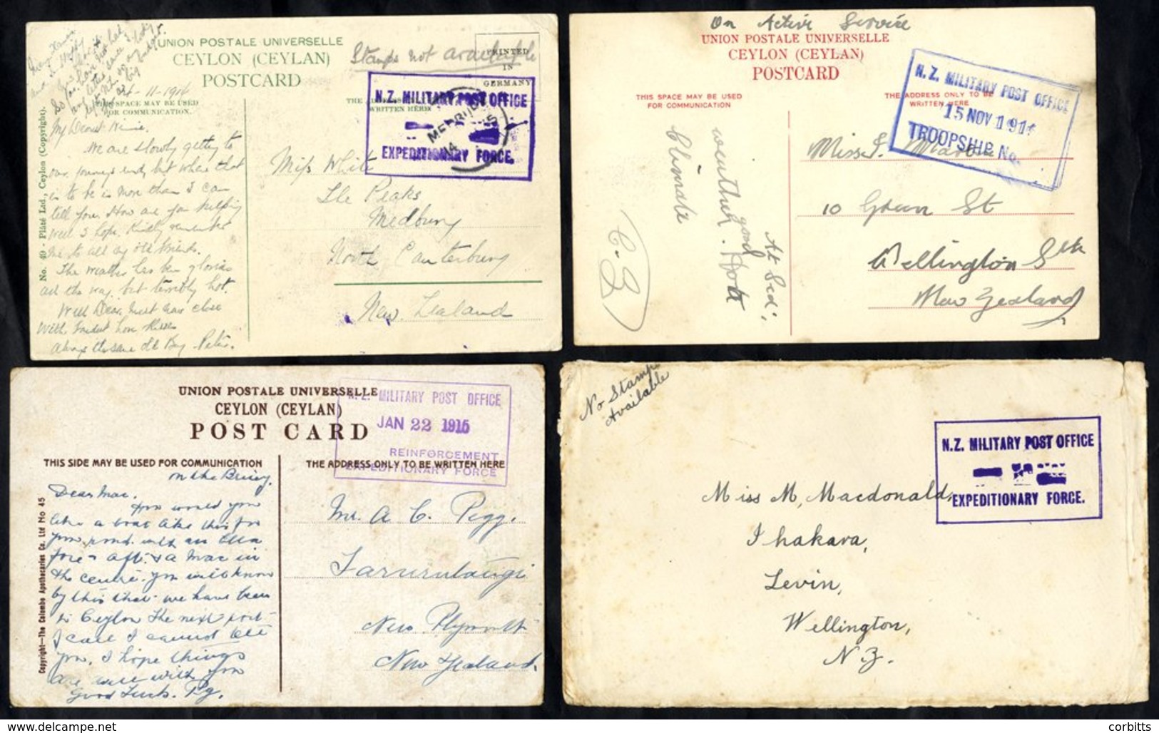 1915-16 Envelope And Cards (3) With Handstamps Reduced For Security Reasons, Two Showing 'N.Z. MILITARY POST OFFICE/EXPE - Sonstige & Ohne Zuordnung