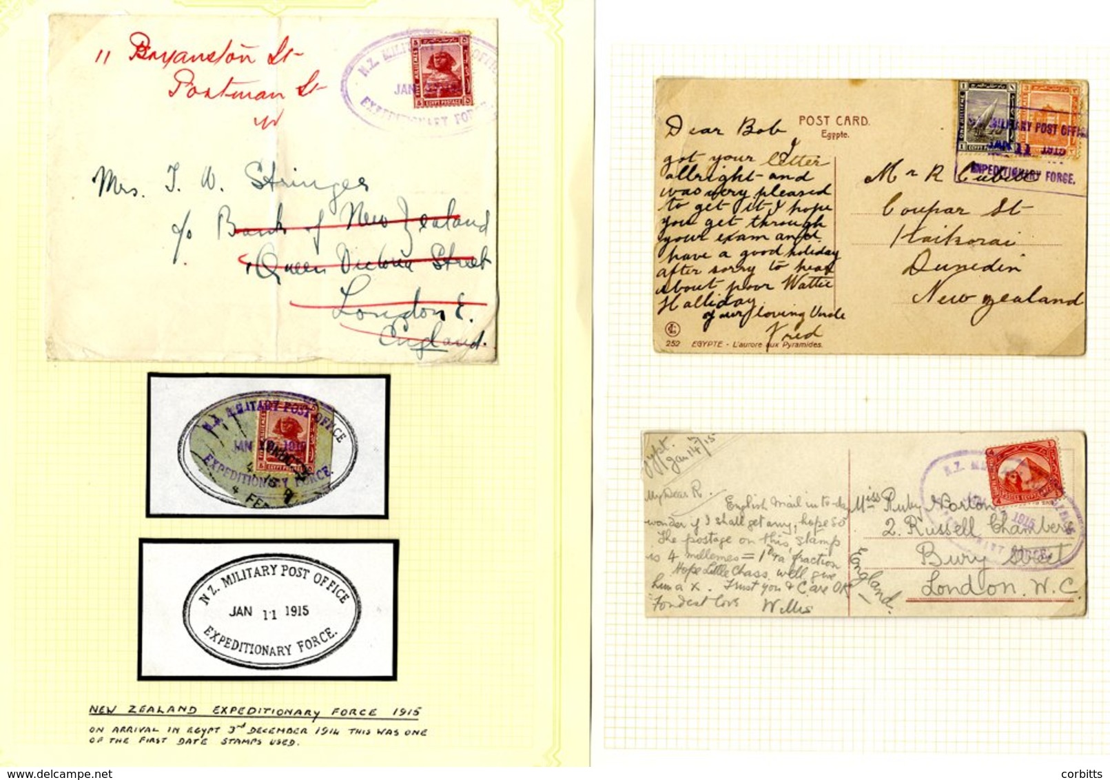 1914 (Dec.) 15 (May) Envelope And Cards (4) To England Or New Zealand With All Bearing Egyptian Values, Three Cancelled  - Autres & Non Classés