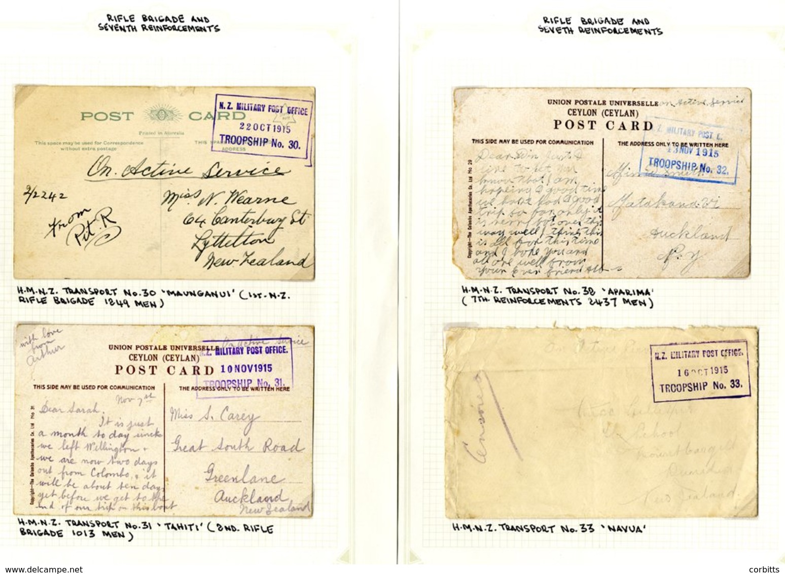 Nos. 30-34 Rifle Brigade And Seventh Reinforcements 1915 (Oct.-Nov.) Envelope And Postcards (5) Showing 'N.Z. MILITARY P - Autres & Non Classés
