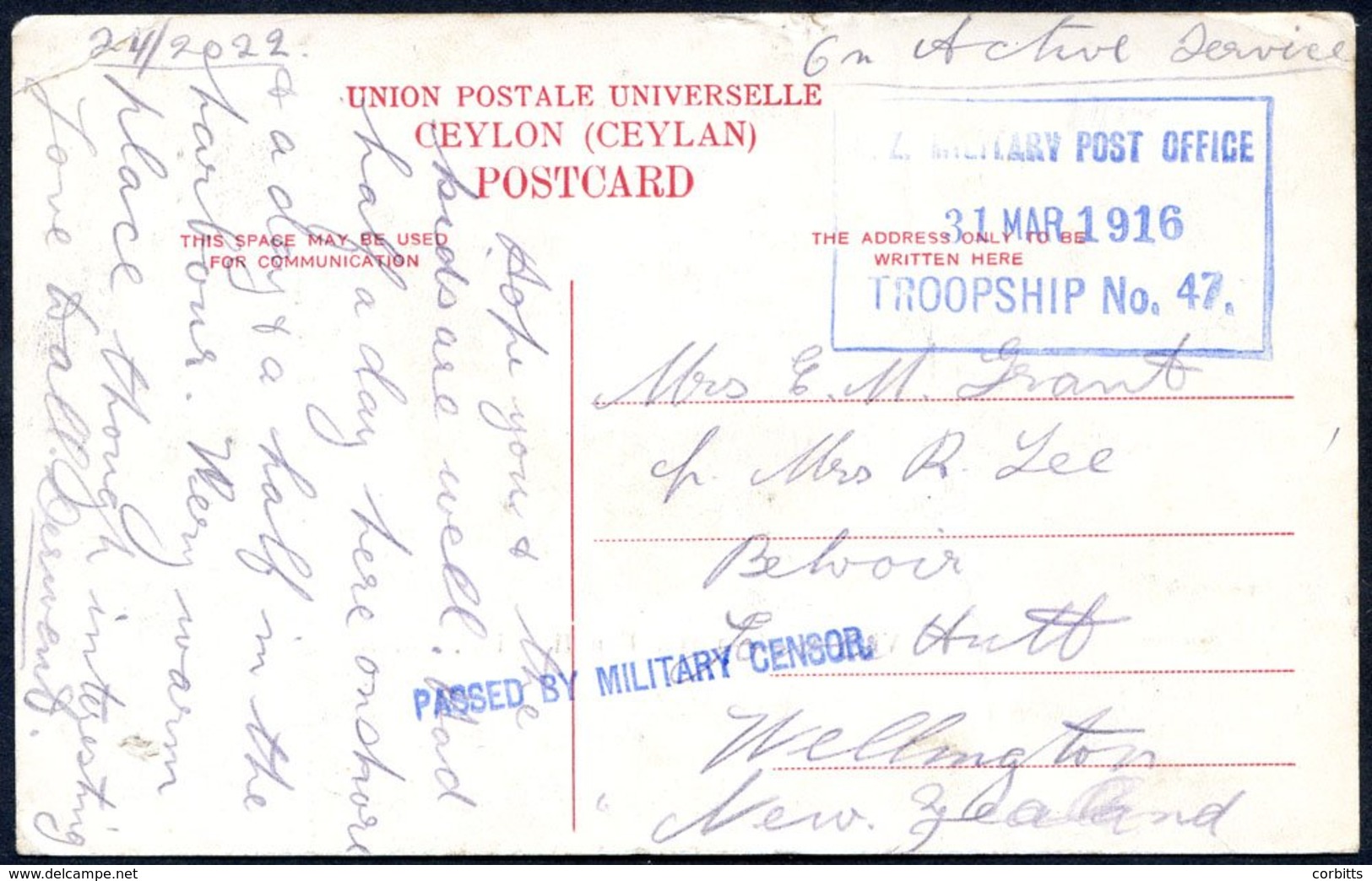 Nos. 47-48, Tenth Reinforcement 1916 (31 Mar.) Postcard Ex The Willochra To Wellington, Showing Largely Fine 'MILITARY P - Autres & Non Classés