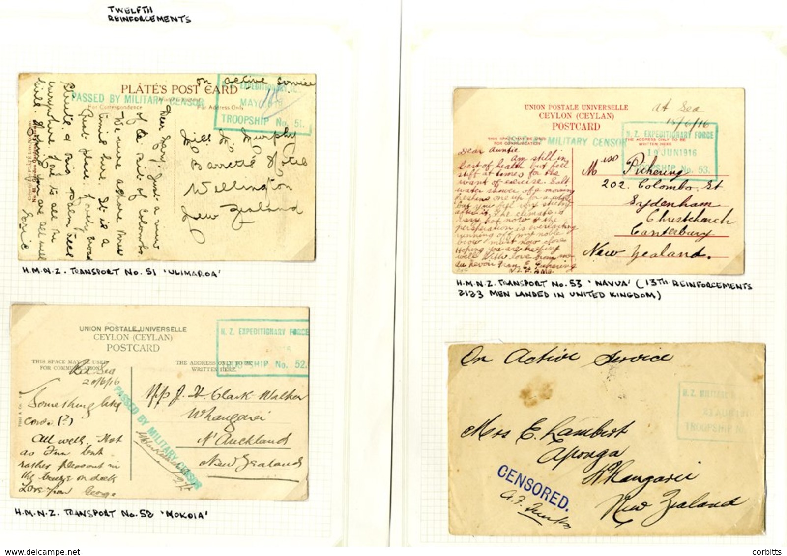 Nos. 51-53, Twelfth Reinforcement 1916 (May-Aug) Envelope And Cards (3) Showing 'N.Z MILITARY POST OFFICE/TROOPSHIP NO 5 - Otros & Sin Clasificación