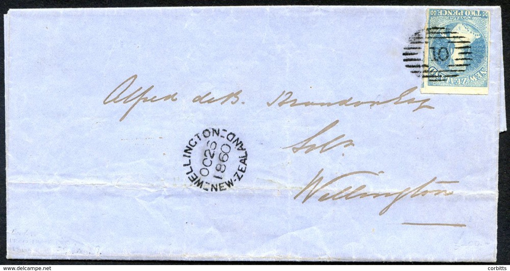 1860 (26 Oct.) Entire Letter From Dunedin To Wellington, Bearing 1857-63 2d. Pale Blue SG. 9 With Large To Enormous Marg - Autres & Non Classés