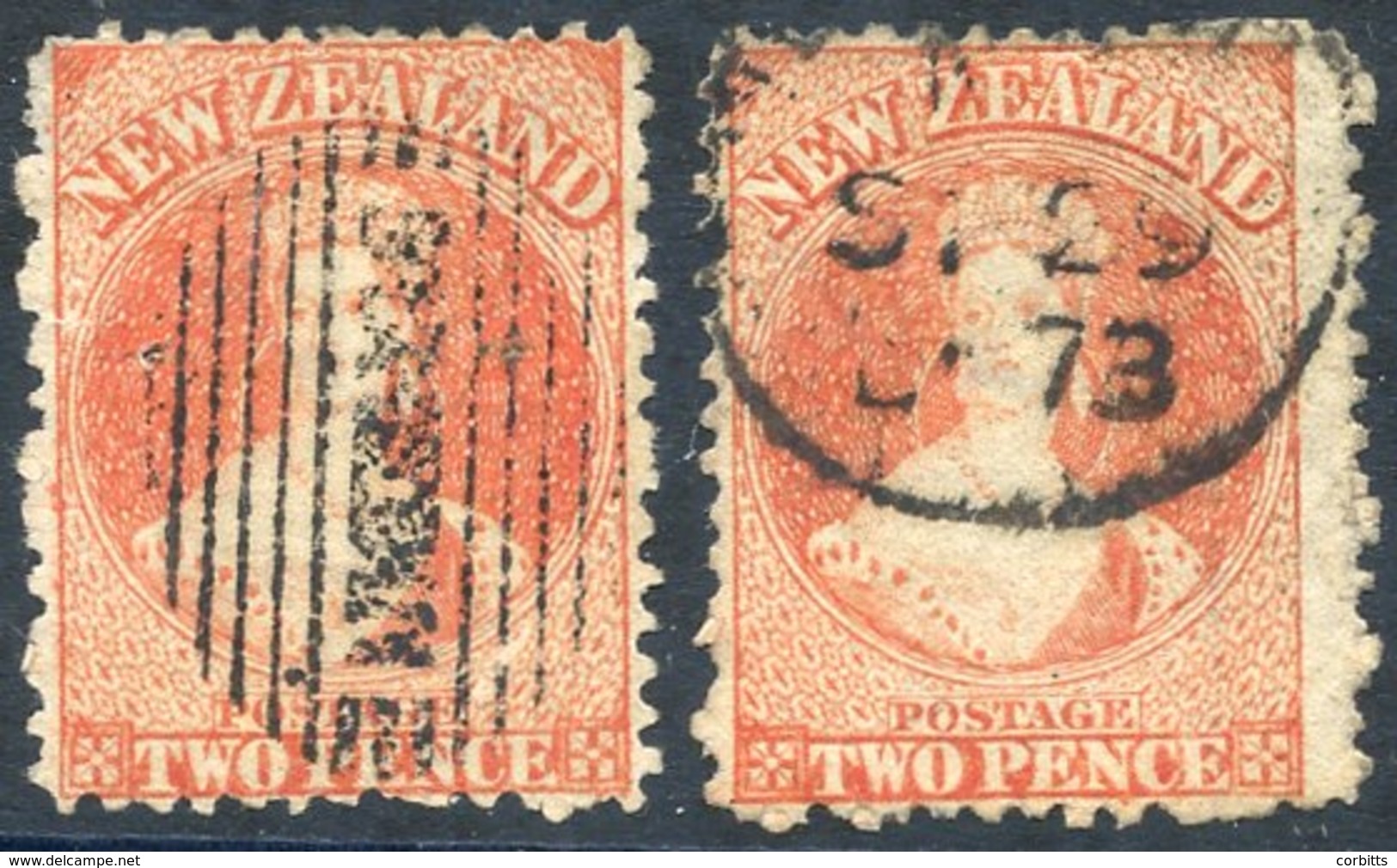 1873 2d Vermilion N Z Watermark (2), One Cancelled With Almost Complete "DUNEDIN" In Oval Of Thin Bars And One (Row 12 N - Autres & Non Classés