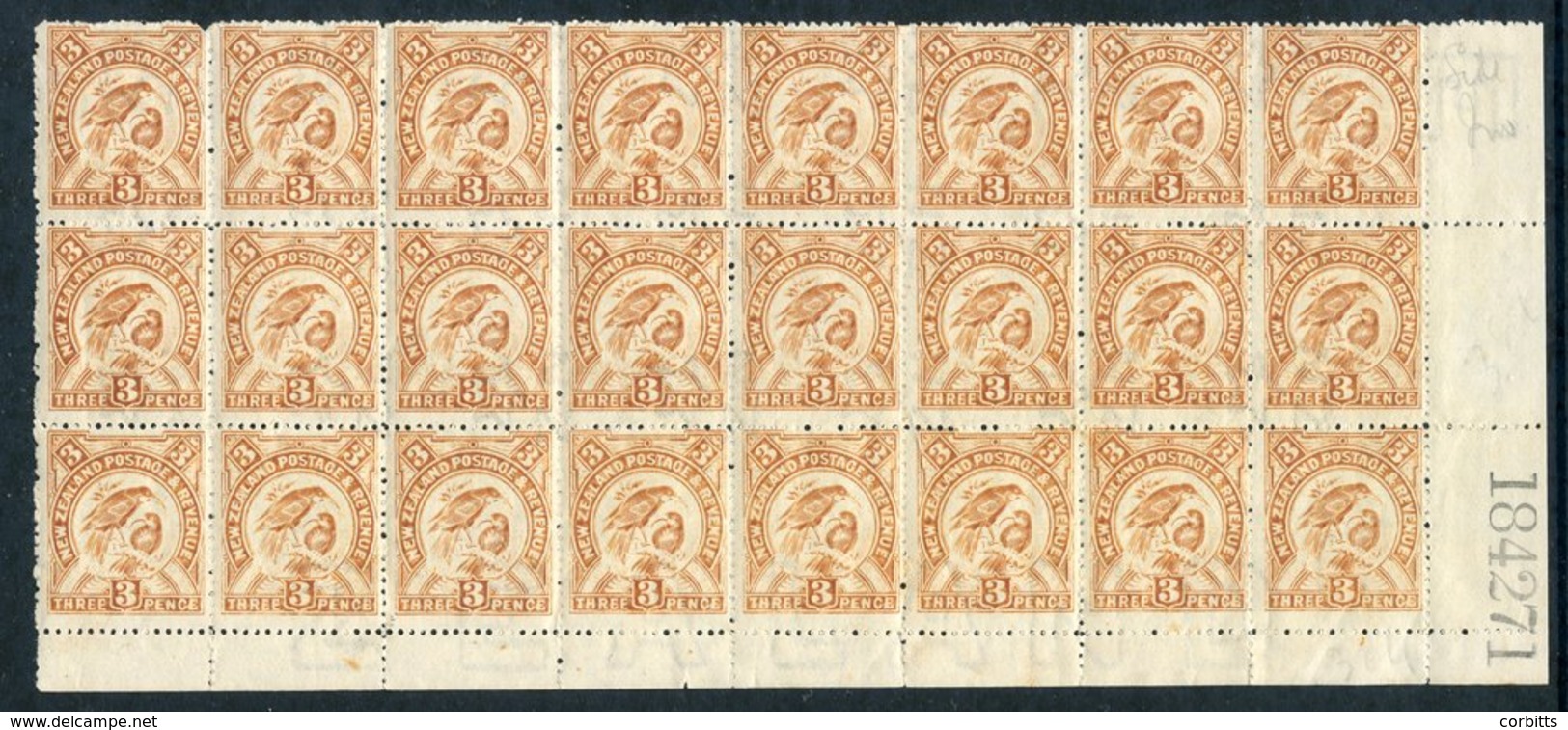 1902-07 3d Huia In The Pale Yellow-bistre Shade, A Magnificent Lower Right Corner Block Of 24 With Sheet No.184271, All  - Other & Unclassified