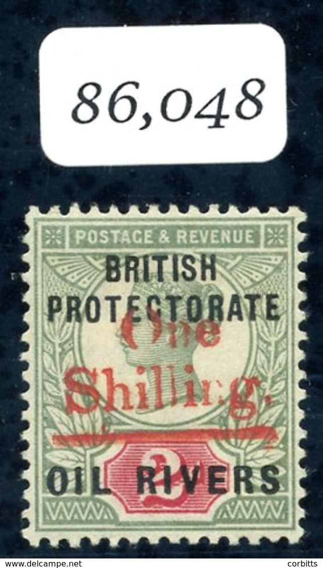 OIL RIVERS 1893 (Dec) 'One Shilling' (Type 11) In Vermilion On 2d Gret Green Carmine, Large Part O.g. SG. 38. BPA Cert ( - Sonstige & Ohne Zuordnung