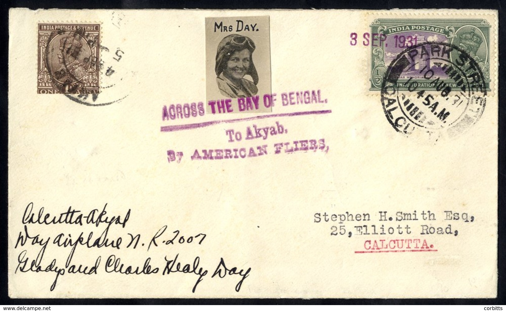 1931 Aug 10th Mr & Mrs Day Flight Cover Calcutta - Akyab, Bears Photographic Vignette & Three Line Cachet, (only 28 Item - Sonstige & Ohne Zuordnung