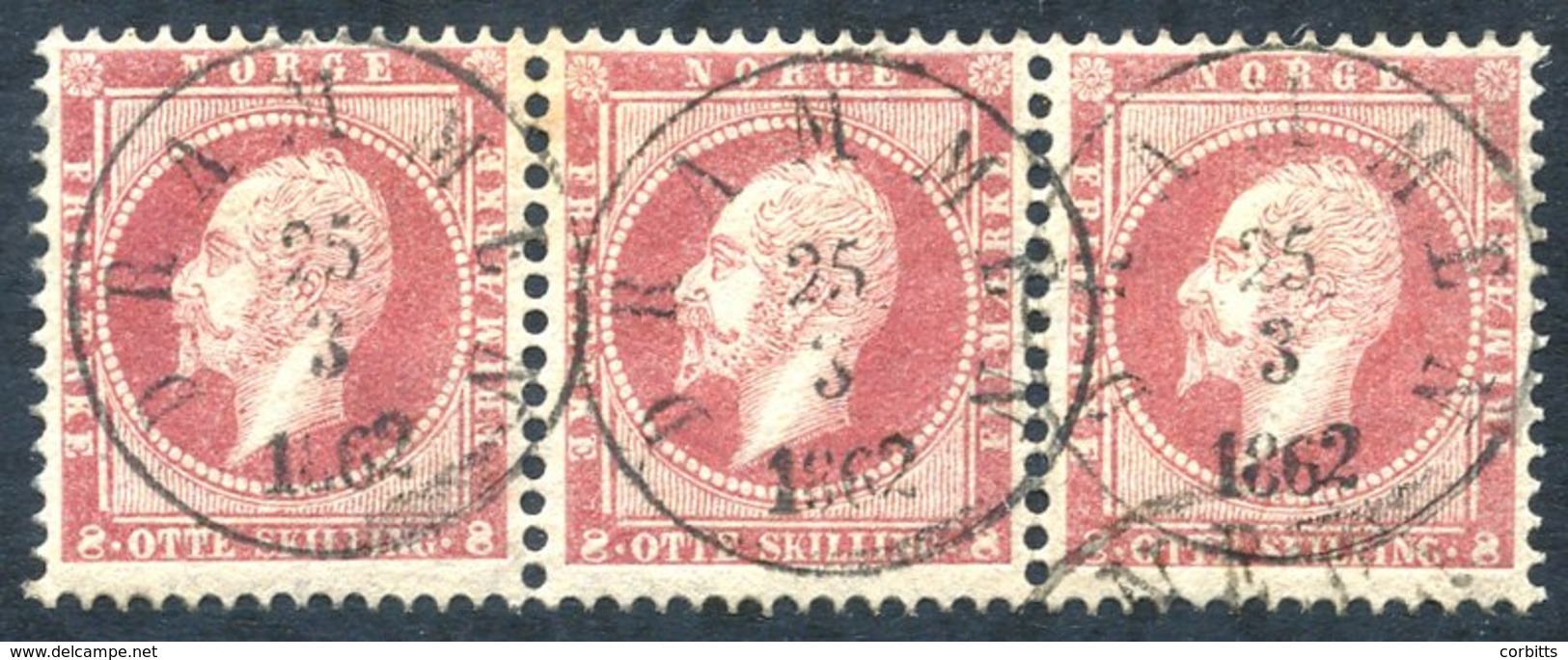 1856-60 8sk Dull Lake VFU Strip Of Three (minor Toning), Each Bears A Superb Drammen C.d.s. Of 1862, Most Attractive, SG - Otros & Sin Clasificación