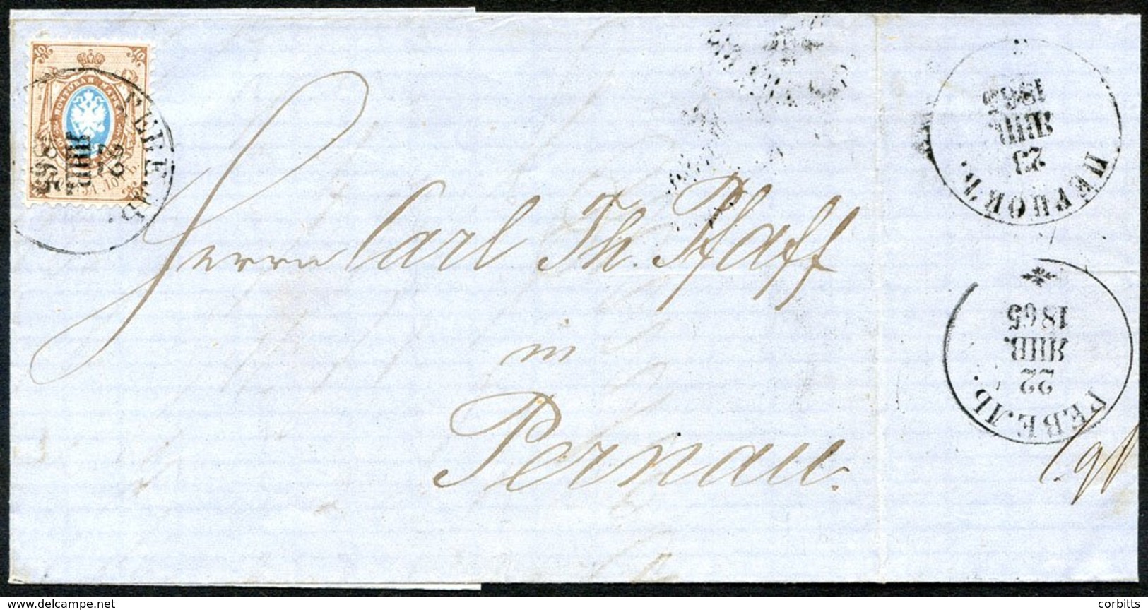 1865 Letter Sheet Bearing 1858 Perf 12½ 10k Blue & Brown, Very Fine Pernau (Reval) C.d.s. Very Scarce. - Sonstige & Ohne Zuordnung