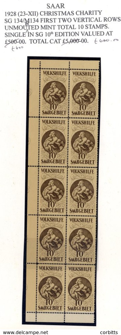 1928 Christmas Charity 10f (+10f) Chocolate UM Block Of 10 (two Left Side Vertical Rows Of 5) With Margins Fine UM, SG.  - Otros & Sin Clasificación