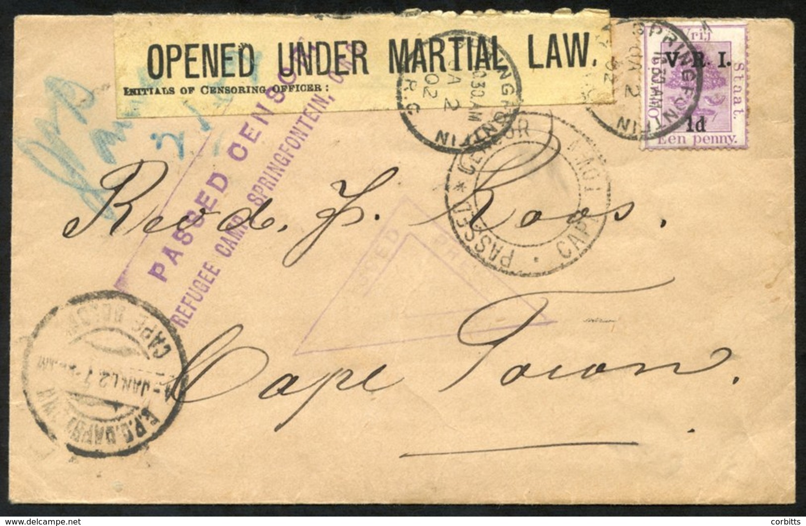 BOER WAR 1902 Censored Cover To Cape Town With A Free State 1d With The Thick 'V' Variety, Cancelled Springfontein JA.2. - Otros & Sin Clasificación