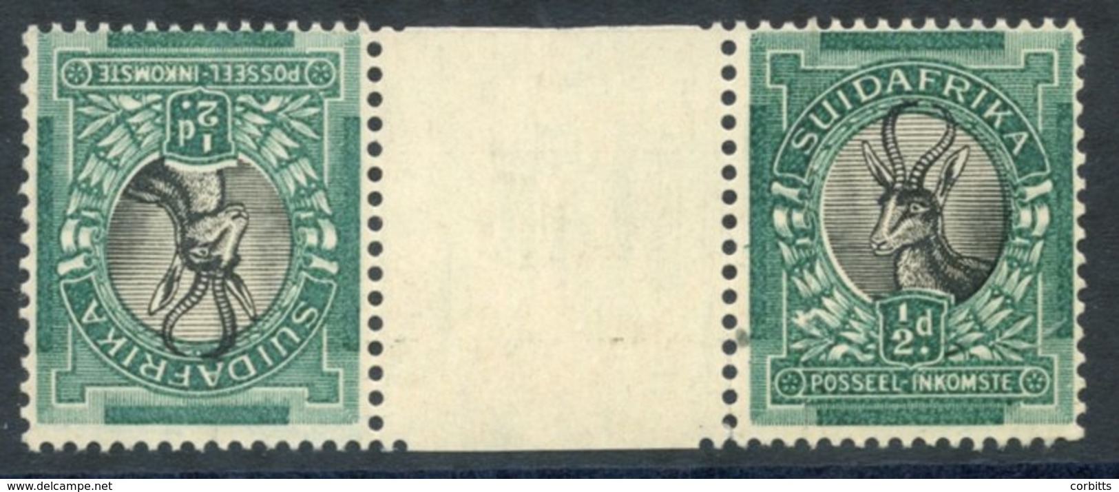 1930-44 ½d Springbok Black & Green, Interpanneau Pair, Variety Tete-beche, M (gum Wrinkles & Fingerprint In Margin), SG. - Sonstige & Ohne Zuordnung