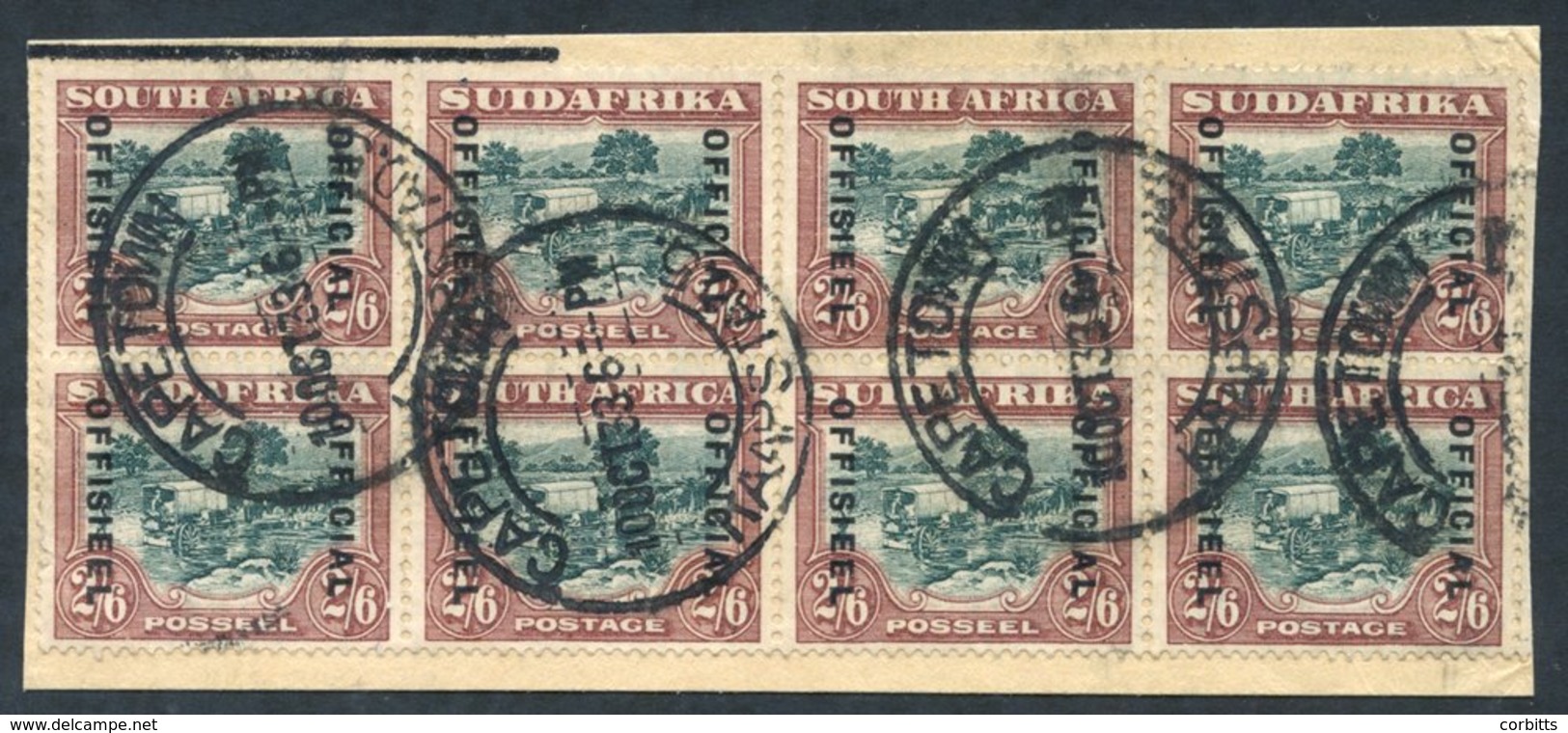 OFFICIAL 1933 2/6d Green & Brown, 17½ - 18½ Between Lines Of Overprint, Used Block Of Eight On Piece With Cape Town 10.O - Autres & Non Classés