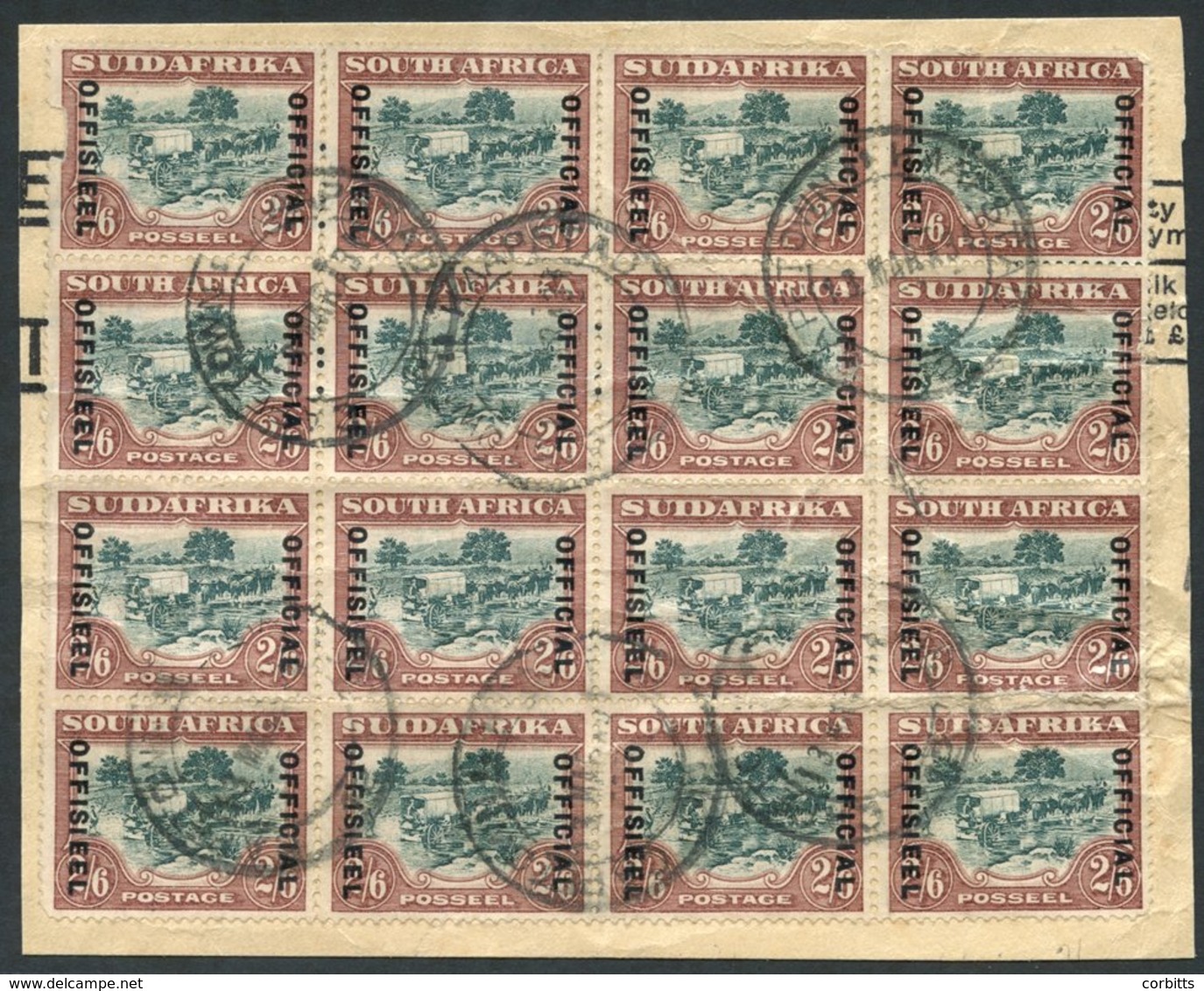 OFFICIAL 1934 2/6d Green & Brown, 21mm Between Lines Of Overprint, Used Block Of Sixteen On Piece, Cape Town 13.MAR.34 C - Sonstige & Ohne Zuordnung