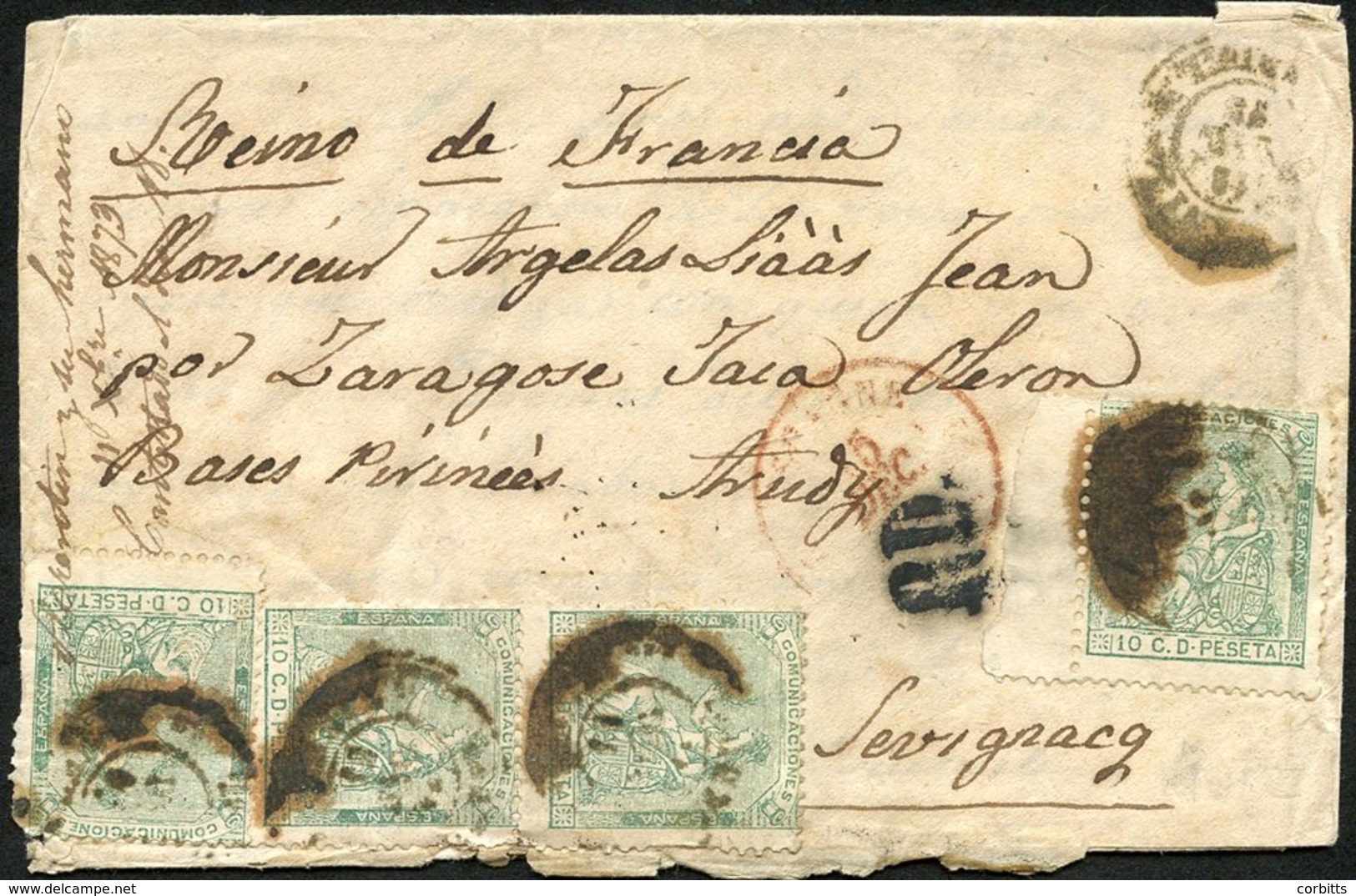 1873 Envelope To France, Bearing 10c Green (Yv.132), Tied By Feruel Double Ring With French Entry Cachet In Red, Routed  - Sonstige & Ohne Zuordnung