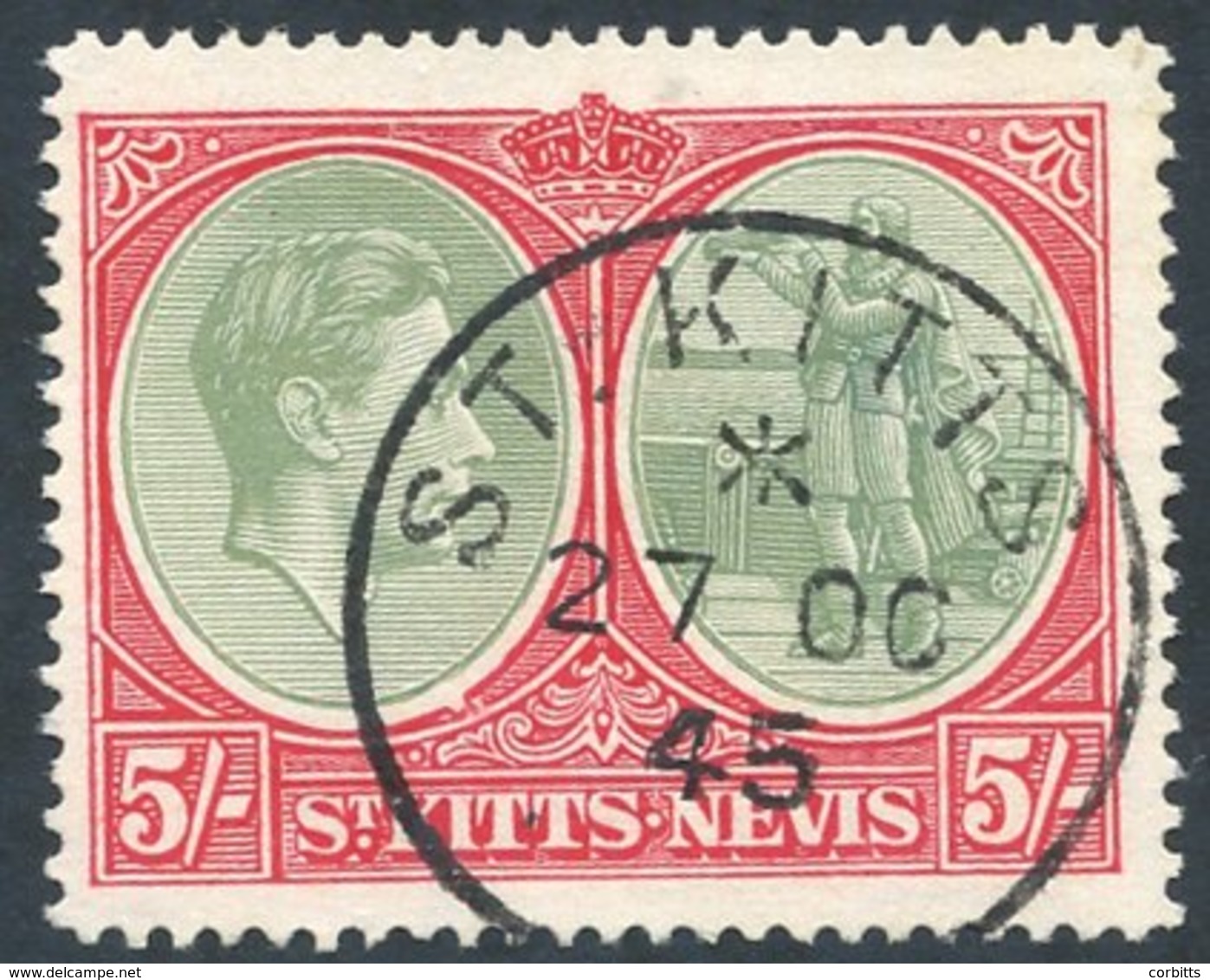 1938-50 5s Grey Green & Scarlet Perf 14 On Chalky Paper, Variety 'Break In Oval At Foot' SG.77ad VFU With St. Kitts Cds  - Autres & Non Classés