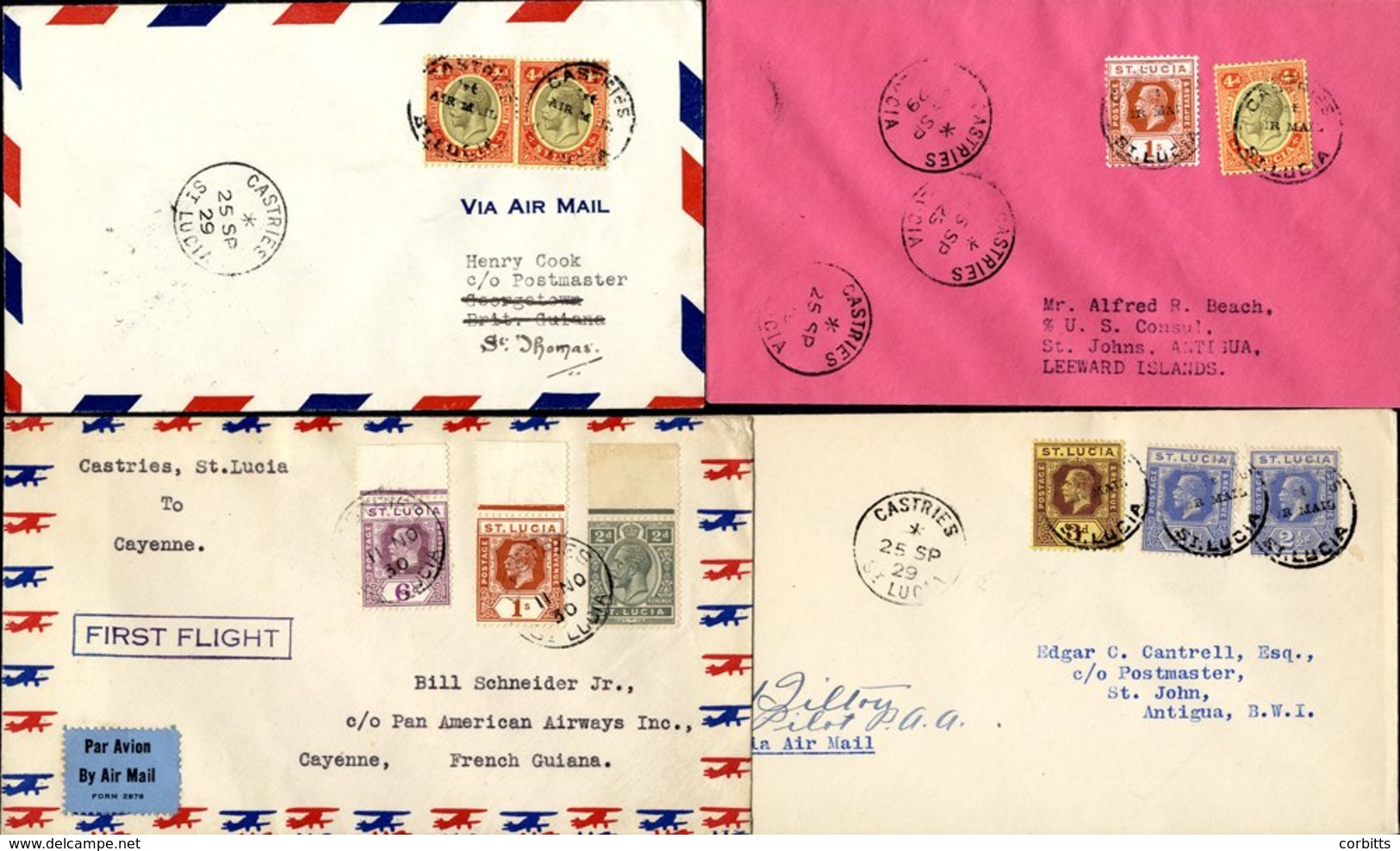 1929-30 First Flight Covers (4) From 1929 Sept 26th PAA Castries - St. Thomas, Virgin Islands (194 Flown), Another Castr - Autres & Non Classés