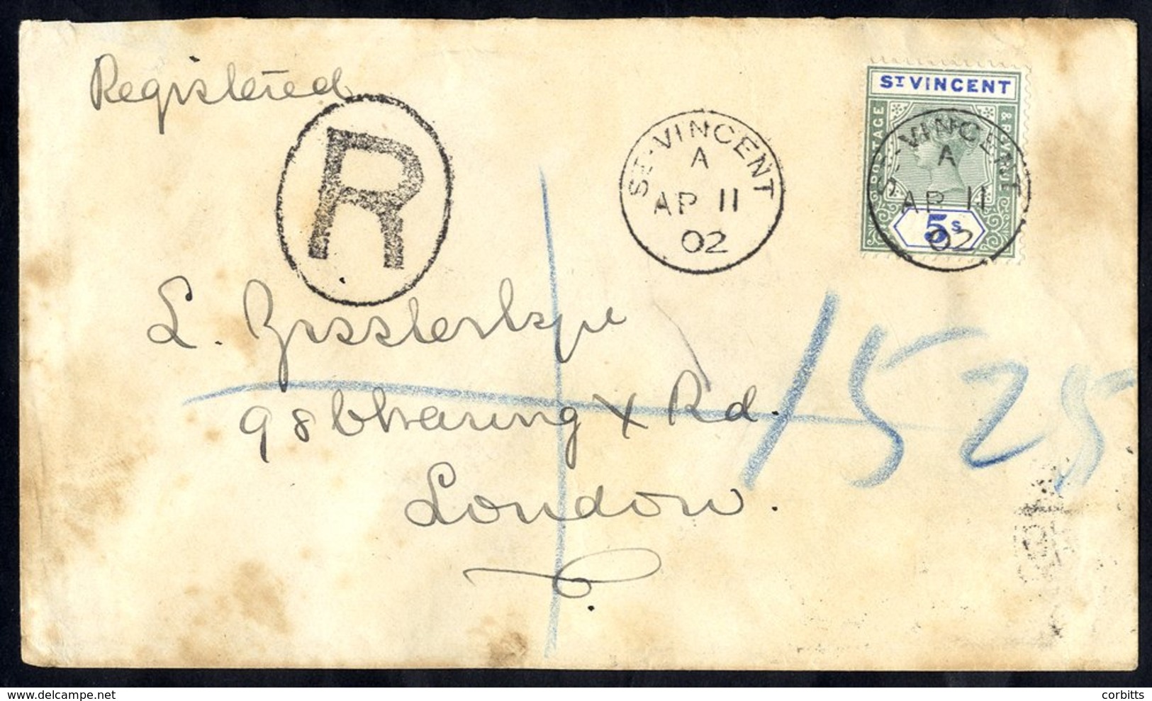 1902 Registered Cover Addressed To London Franked QV 5s Green & Blue (SG.75) Tied Superb 'St. Vincent Ap.11.02' Cds Reve - Other & Unclassified