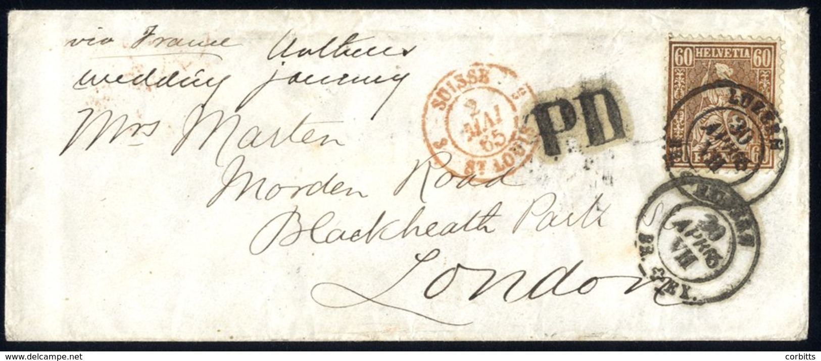 1865 Envelope To London Franked 60c Copper Bronze, Tied LUZERN C.d.s, Annotated 'Via France' & Bears Red 'Suisse St. Lou - Other & Unclassified