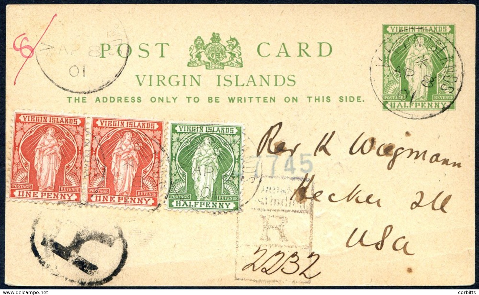 1901 April 8, ½d Yellow Green On Buff Postal Stationery Card, Sent Registered To USA, Uprated With ½d & 1d (pair) Tied B - Other & Unclassified