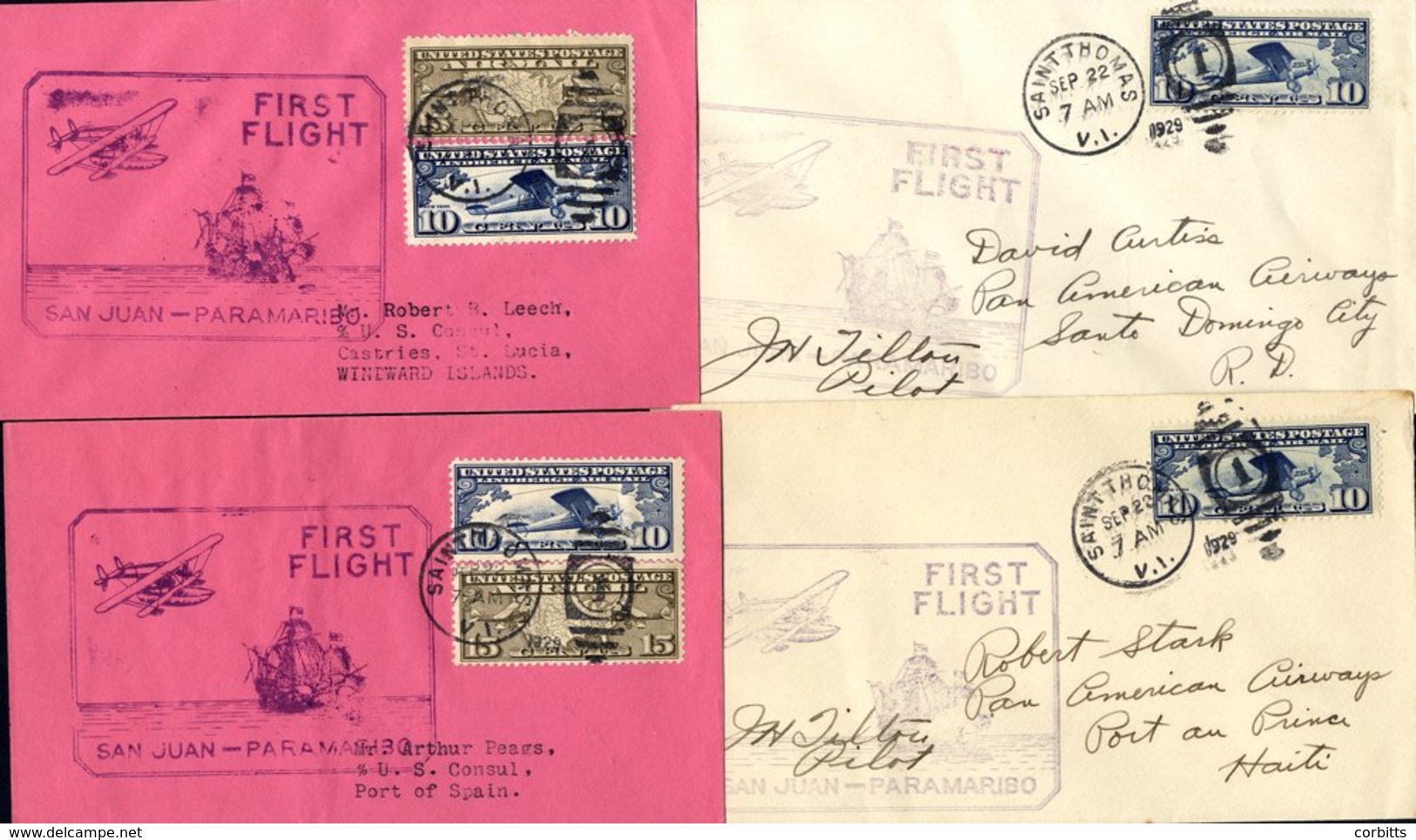 1929 First Flight Covers (4) From 1929 Sept PAA Fam 6 Extension To Paramaribo By Lindbergh St. Thomas - Castries, St. Lu - Autres & Non Classés