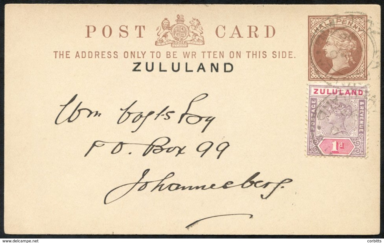 1896 ½d Postcard To Johannesburg, Uprated 1d, Cancelled NKANDHLA AU.20.96. Dundee Transit Back Stamp. Card Has Full Mess - Sonstige & Ohne Zuordnung