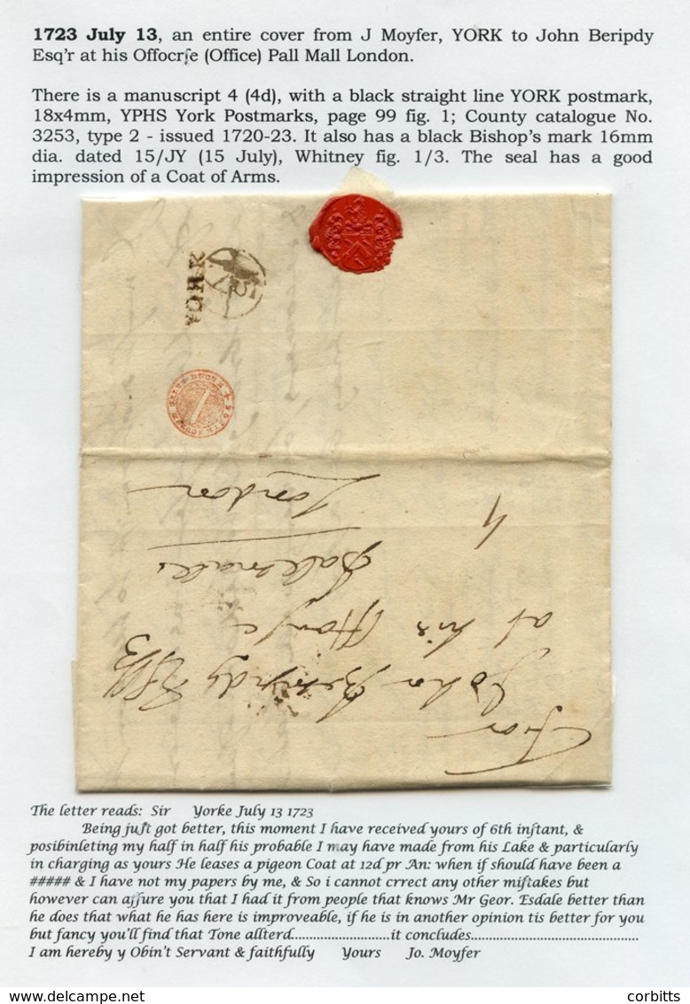 YORKSHIRE 1720-23 Wrapper & Letter To London, Each With A Clear Strike Of The First Type 'YORK' Mark, One With Fine Seal - Autres & Non Classés