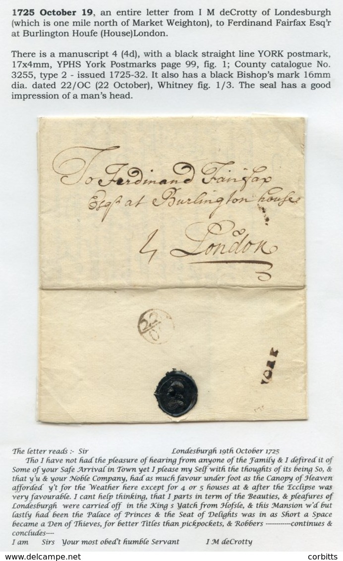 YORKSHIRE 1721-25 Pair Of Letters To London With Clear Strikes Of The First Type 'YORK' Mark; Also 1667 Letter Ex Marske - Other & Unclassified