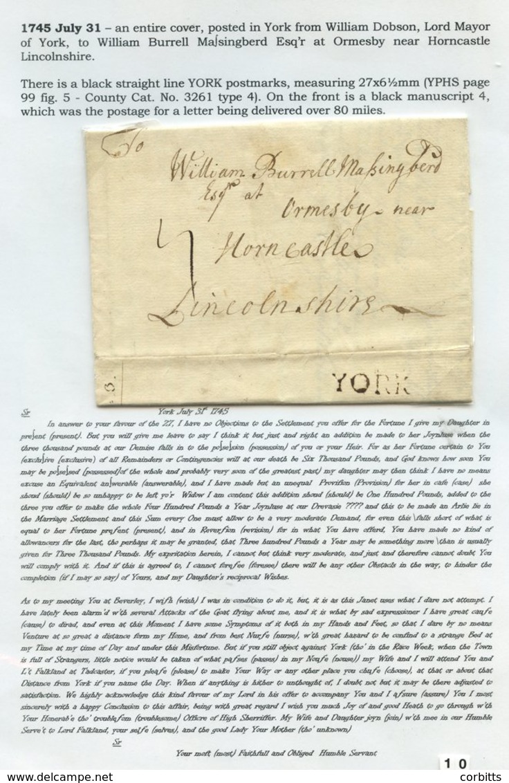 YORKSHIRE 1745-51 Letters With Fair To Good Straight-line 'YORK' Marks Including A 'free' (ink Smudged) And An Unposted  - Other & Unclassified