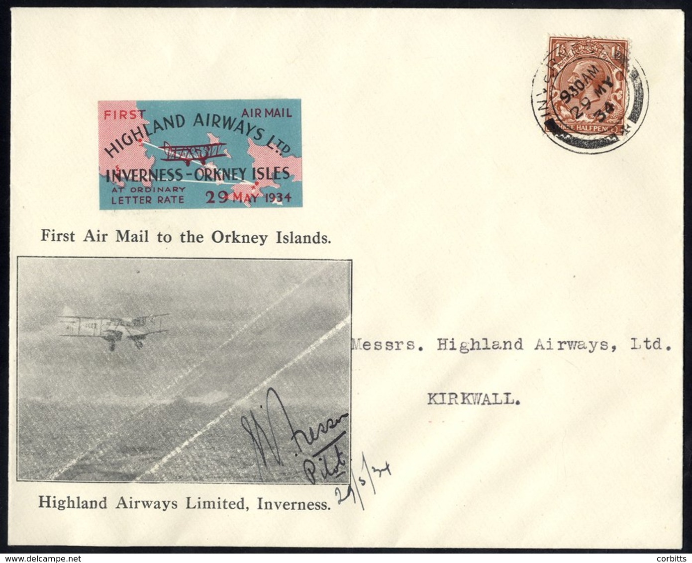 1934 May 29th Highland Airways First Flight Inverness - Kirkwall, Scarce Official Illustrated Cover, Bears KGV 1½d Defin - Sonstige & Ohne Zuordnung