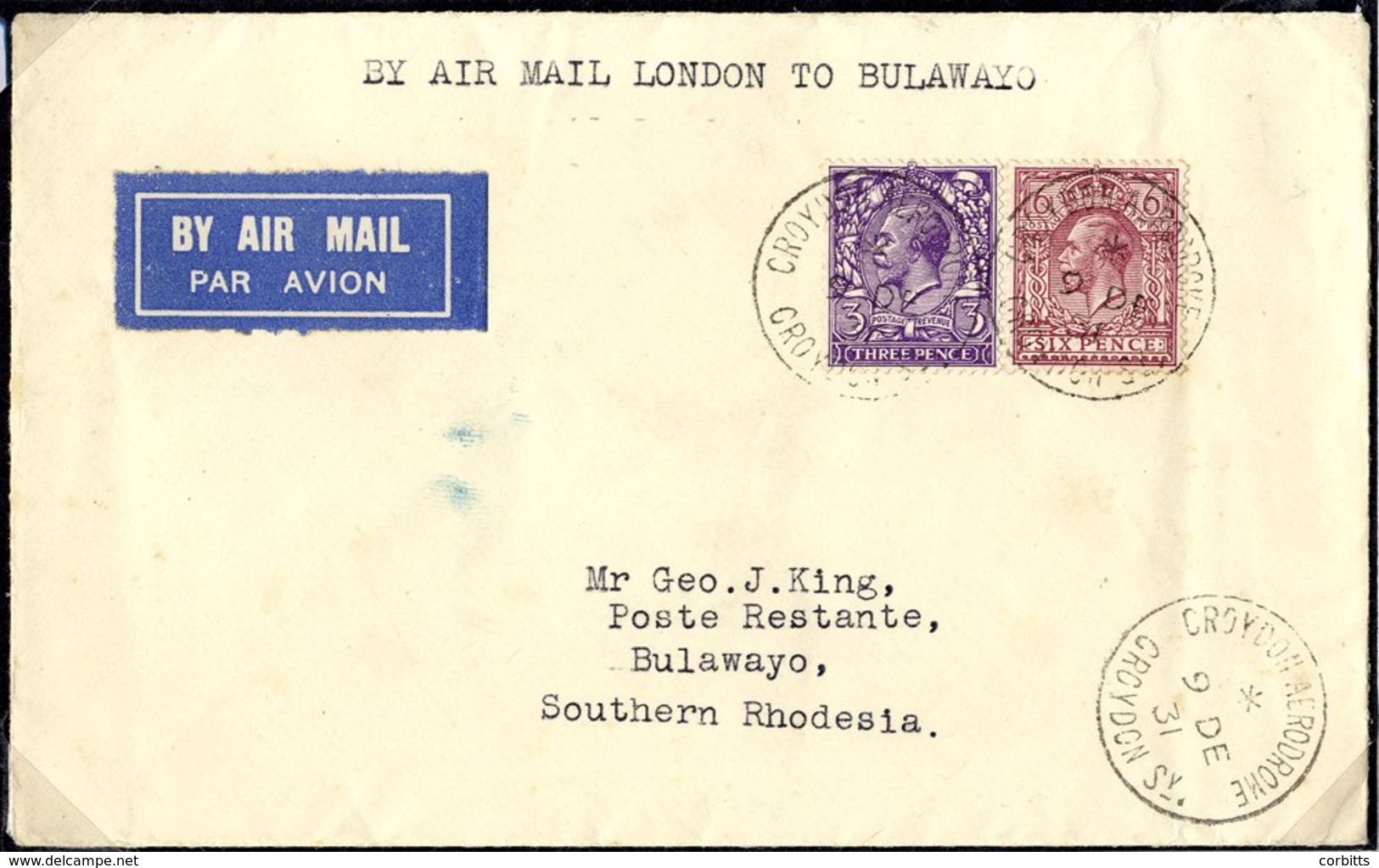 1931 Dec 9th Croydon To Cape Town, Special Christmas Flight By Imperial Airways Franked KGV Defins 3d + 6d Tied Croydon  - Sonstige & Ohne Zuordnung