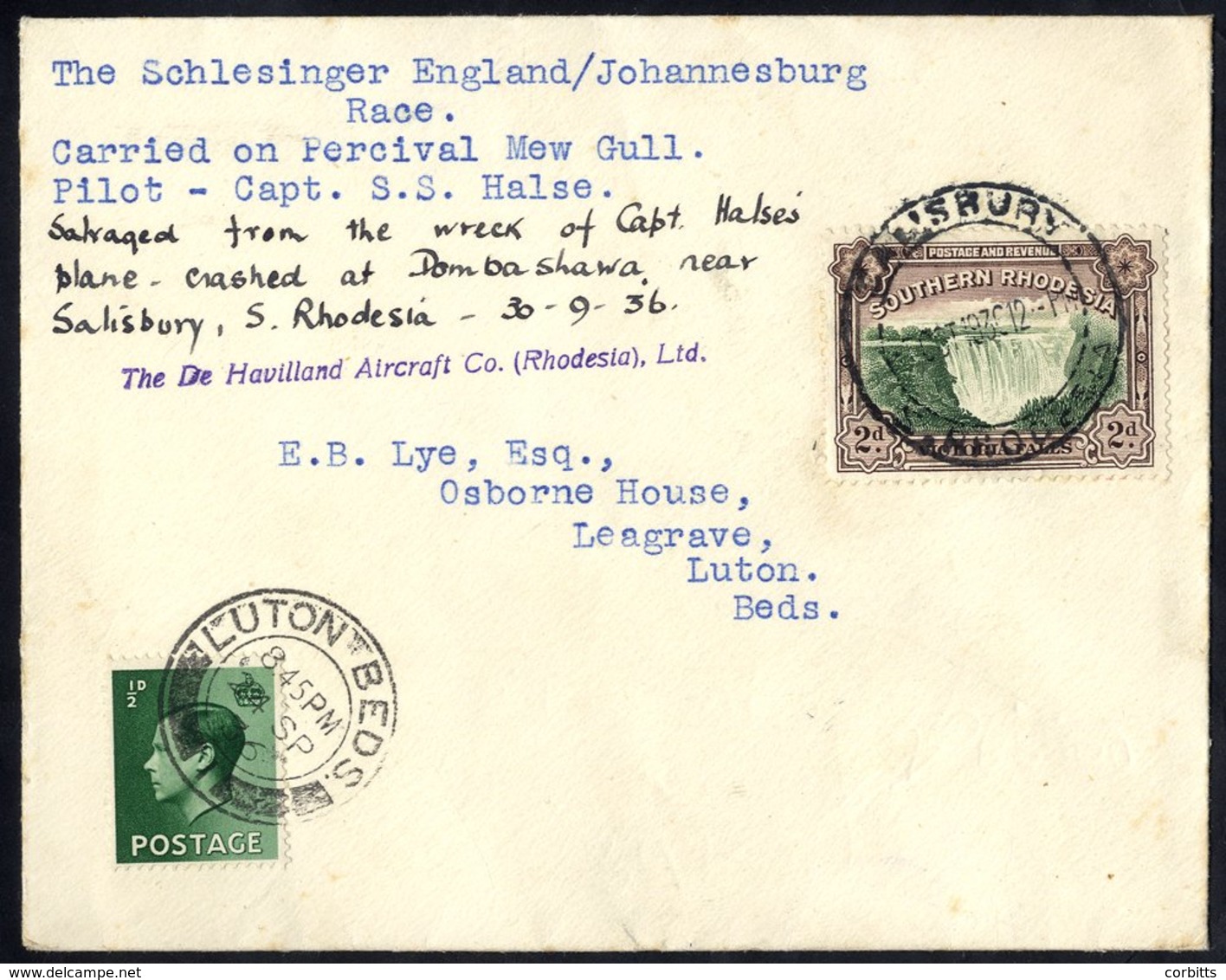 1936 Sept 29th Schlesinger Air Race England (Portsmouth) To Johannesburg Flown By Capt. S.S. Halses As Far As South Rhod - Autres & Non Classés