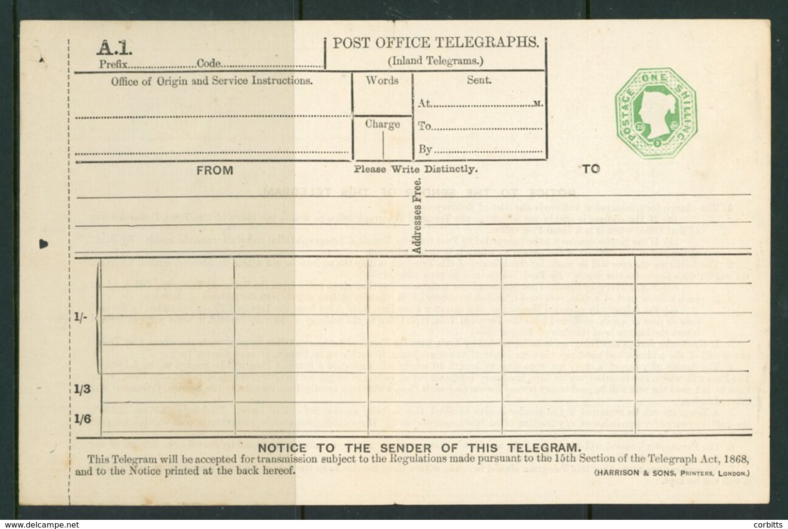 QV Telegraph Form 1s Green, Dated Die 23.3.85, Higgins TP8a Harrison & Sons Imprint, Cat. £200, Vertical Crease, Scarce. - Sonstige & Ohne Zuordnung