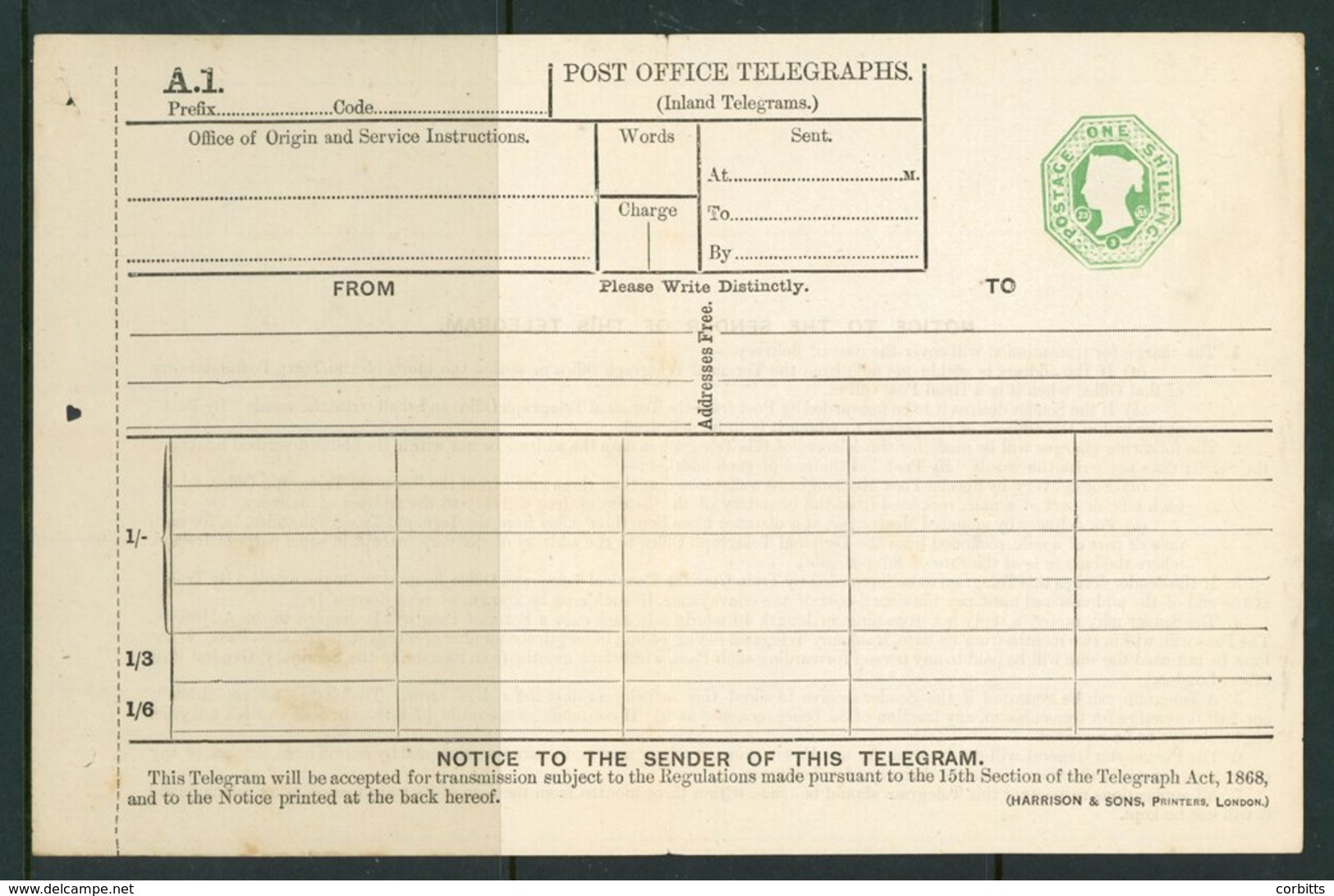 QV Telegraph Form 1s Green, Dated Die 23.3.85, Higgins TP8a Harrison & Sons Imprint, Cat. £200, Vertical Crease, Scarce. - Other & Unclassified