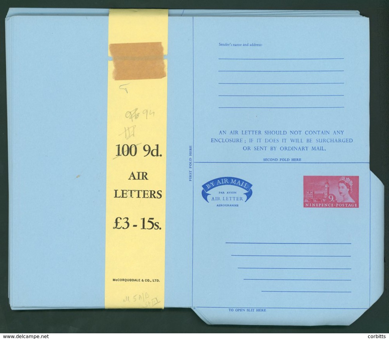 1966 Airmail Letter Sheet 9d Carmine Unused & Un-folded Examples (100) In Original McCorquodale Yellow Wrapper, Huggins  - Other & Unclassified