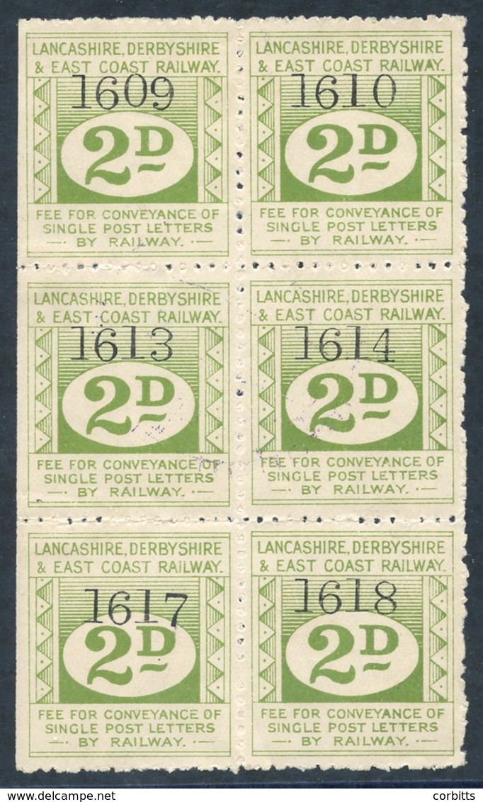 LANCASHIRE DERBYSHIRE & EAST COAST RAILWAY 1902 2d Yellow Green, Fine M Block Of Six. - Other & Unclassified