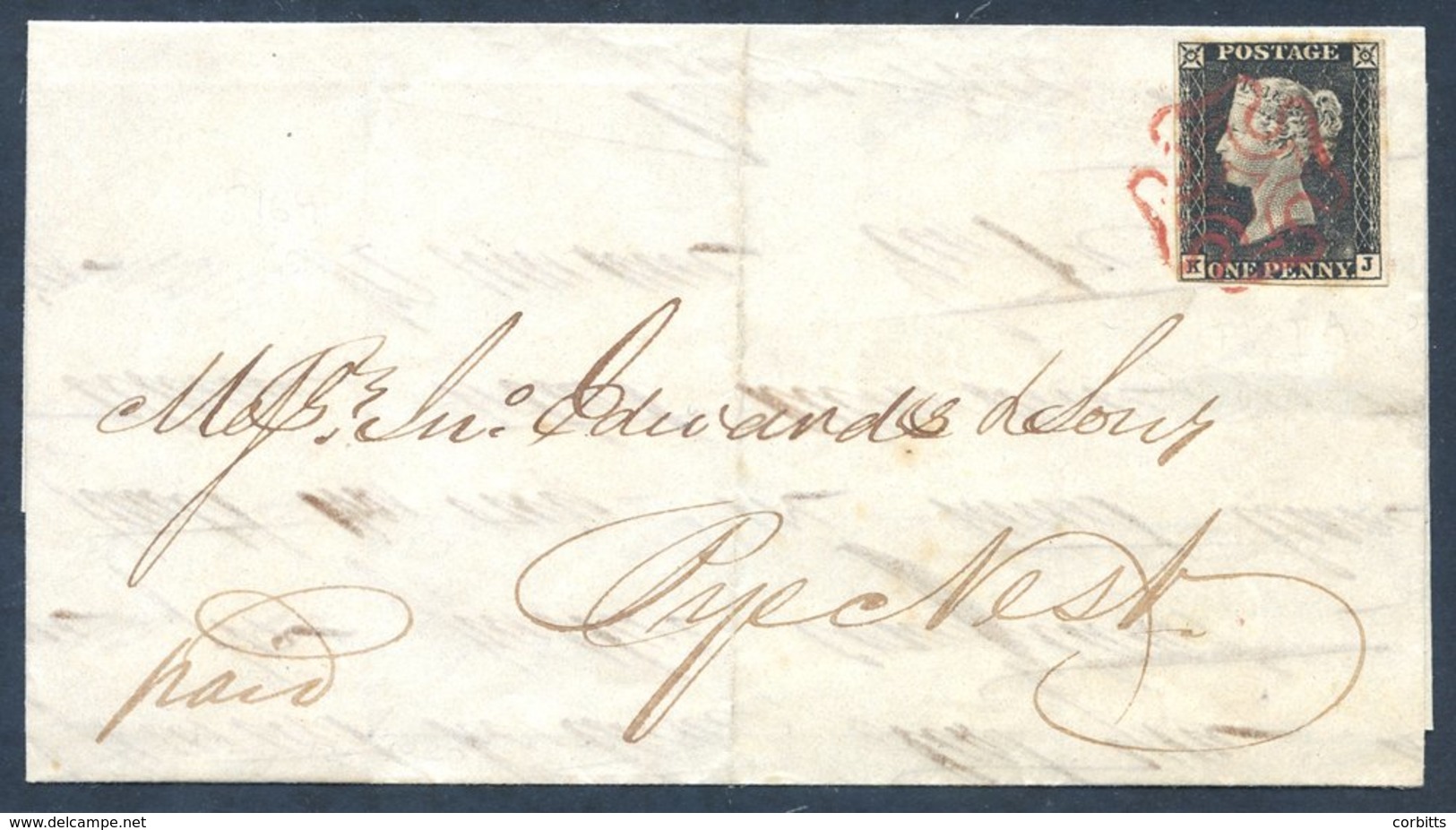 1840 May 12th Cover Sent Locally From Halifax To Rye Nest Franked Pl.1a KJ, Four Good Margins Tied By A Superb Red MC, C - Other & Unclassified