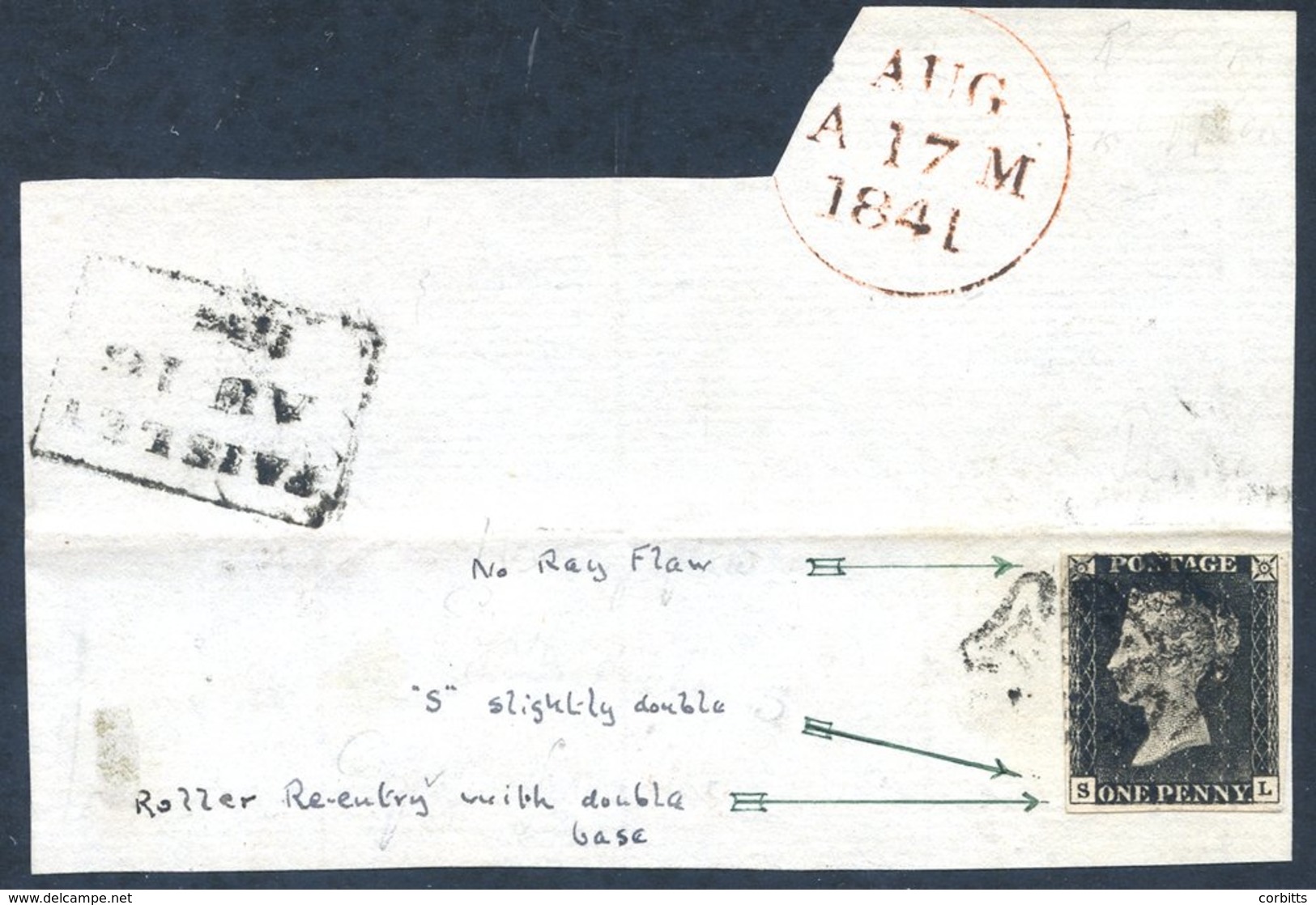 Plate 1a SL, Four Margined Example Tied To A Piece By Black MC, Piece Bears Despatch & Receiving Datestamps, Collectors  - Sonstige & Ohne Zuordnung