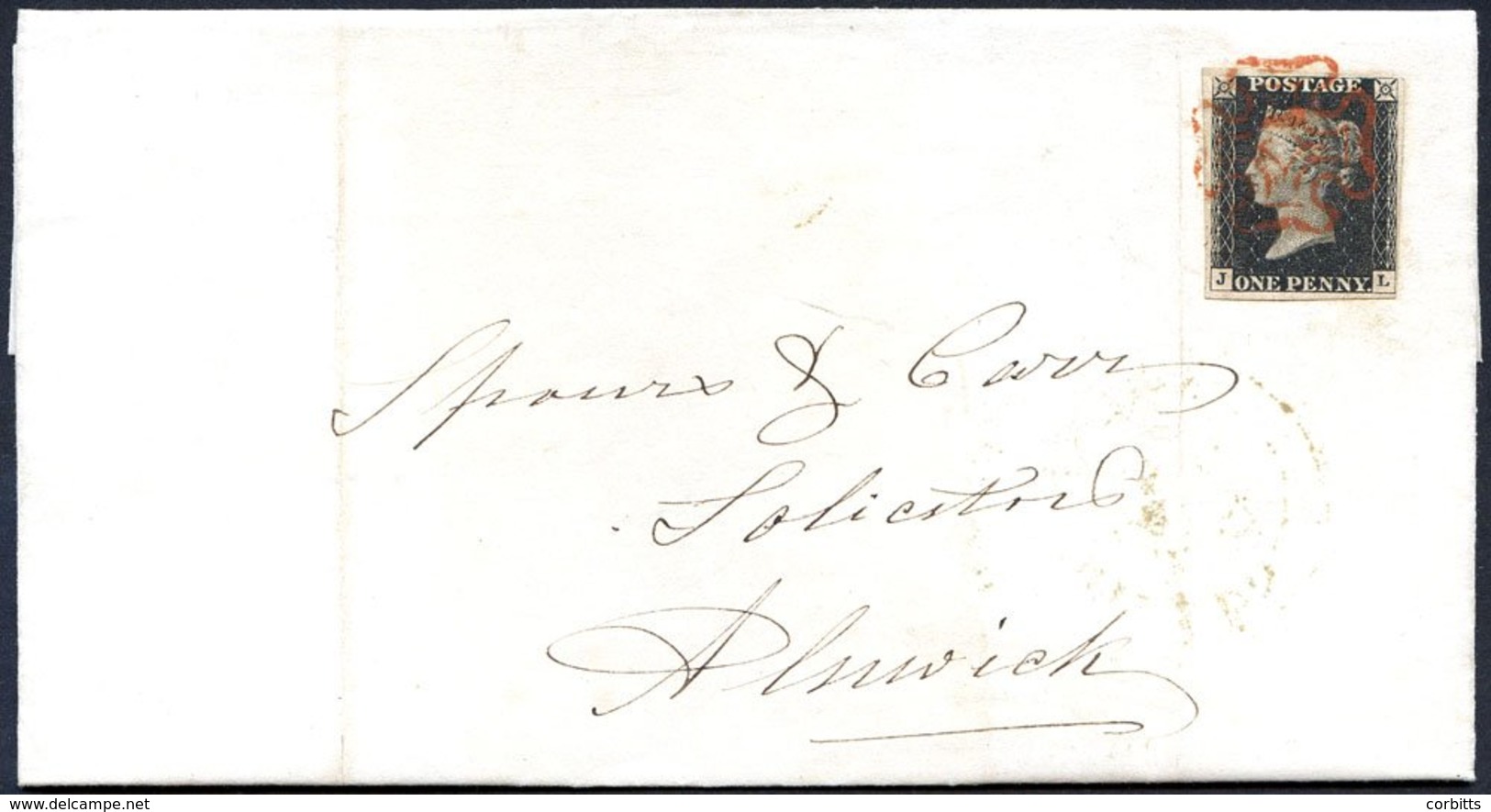 1840 Oct 21st Entire Letter From North Shields To Alnwick Franked Pl.1b JL Clear To Large Margins Tied By A Fine Red MC, - Sonstige & Ohne Zuordnung