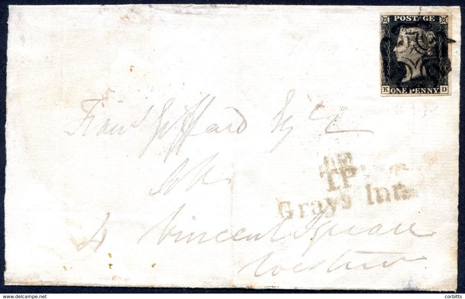 Plate 1b KD, Good To Large Margined Example Cancelled By A Black MC, A Part Wrapper To Vincent Square, London, Obverse B - Sonstige & Ohne Zuordnung