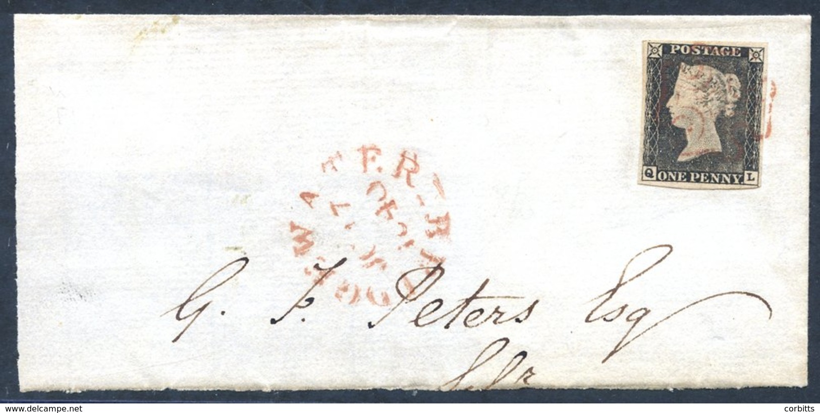 Plate 1a QL, Fine Four Margined Example Tied To A Part Corner Franked By A Superb Red MC And Alongside Is A 'Water-Bridg - Sonstige & Ohne Zuordnung