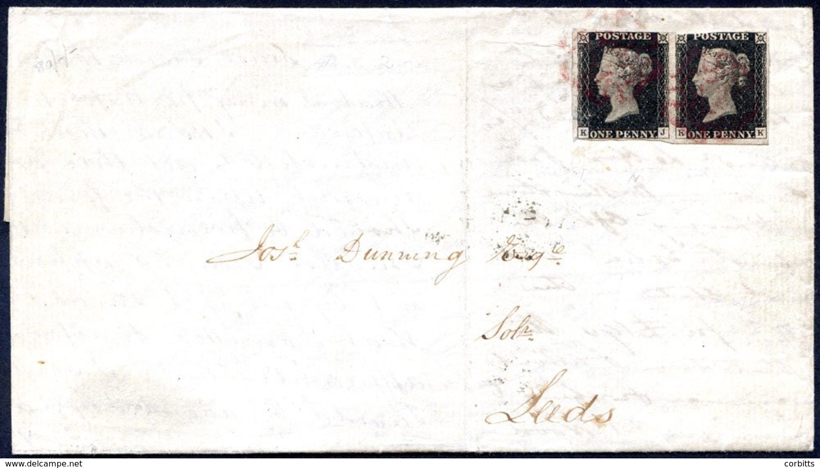 1840 Dec 26th EL From Preston To Leeds Franked Pl.2 KJ/KK, Horizontal Pair (KJ Is Four Margined, KK Is Cut Into At Top), - Other & Unclassified