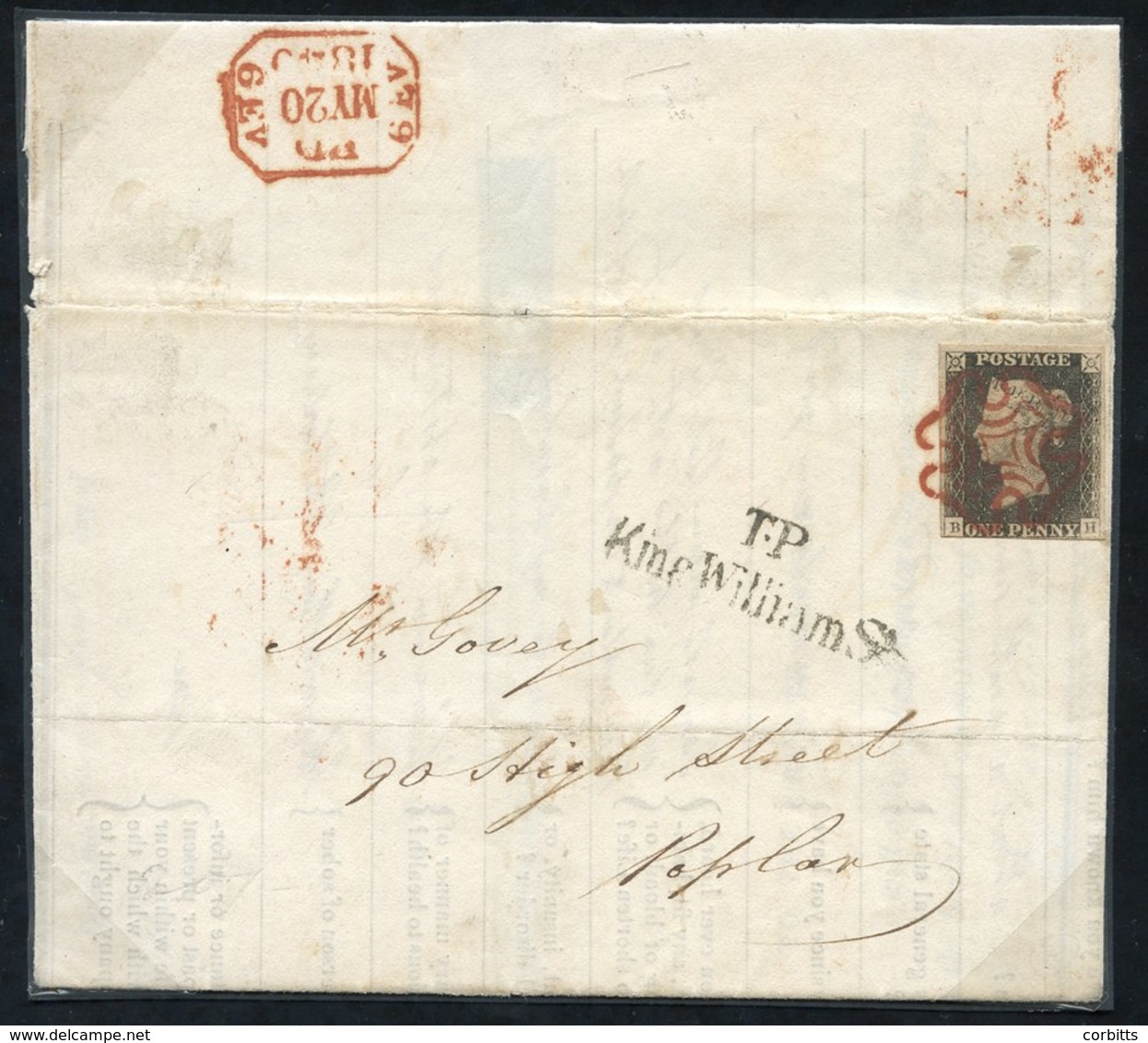 1840 May 20th Local London Cover Franked Pl. 3 (grey Black) BH Cut Close Under 'B', Square Tied By Fine Red  MC, Clear M - Other & Unclassified
